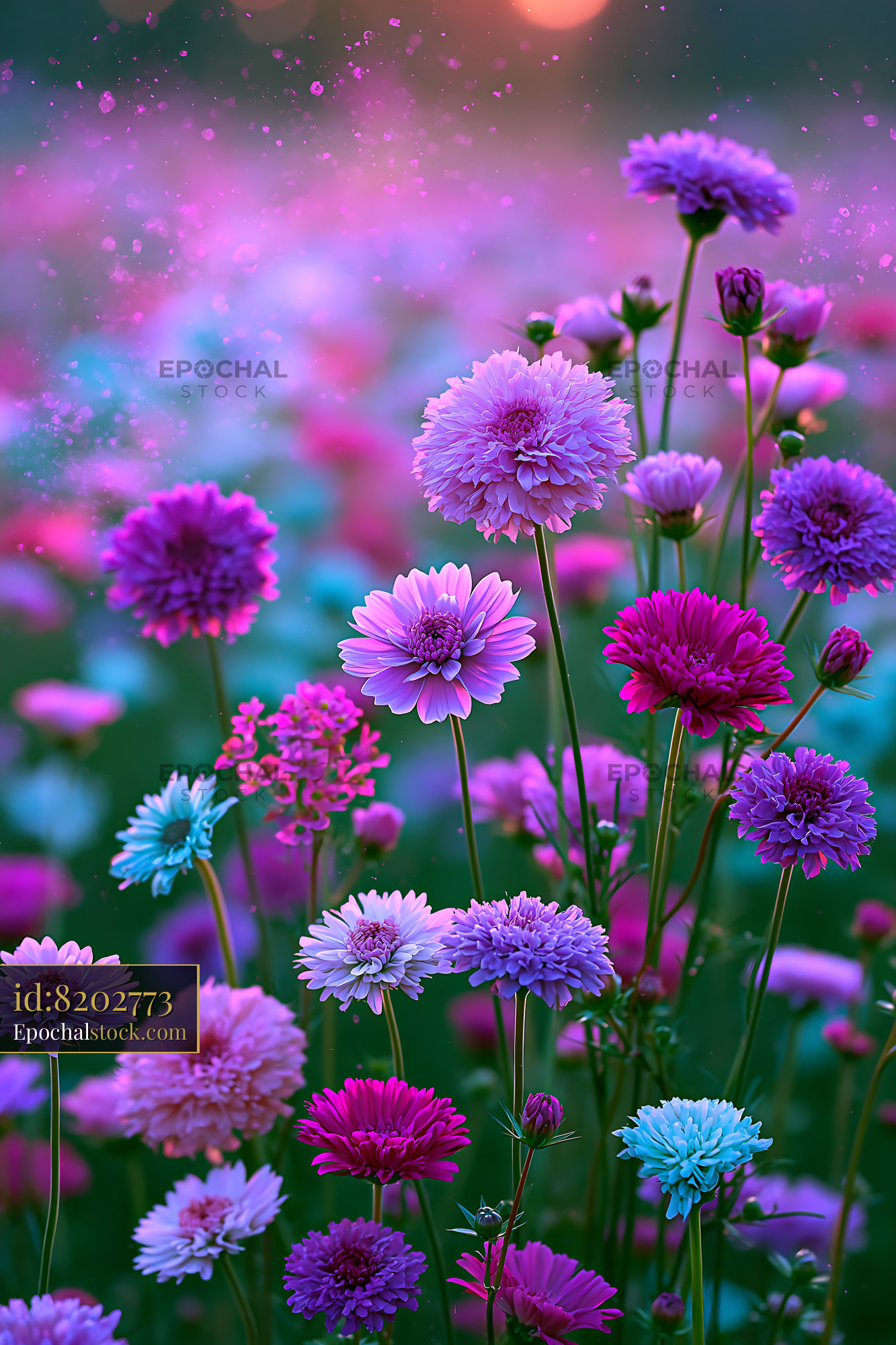 Watermarked full-resolution preview of Colorful flowers in a field during sunset
