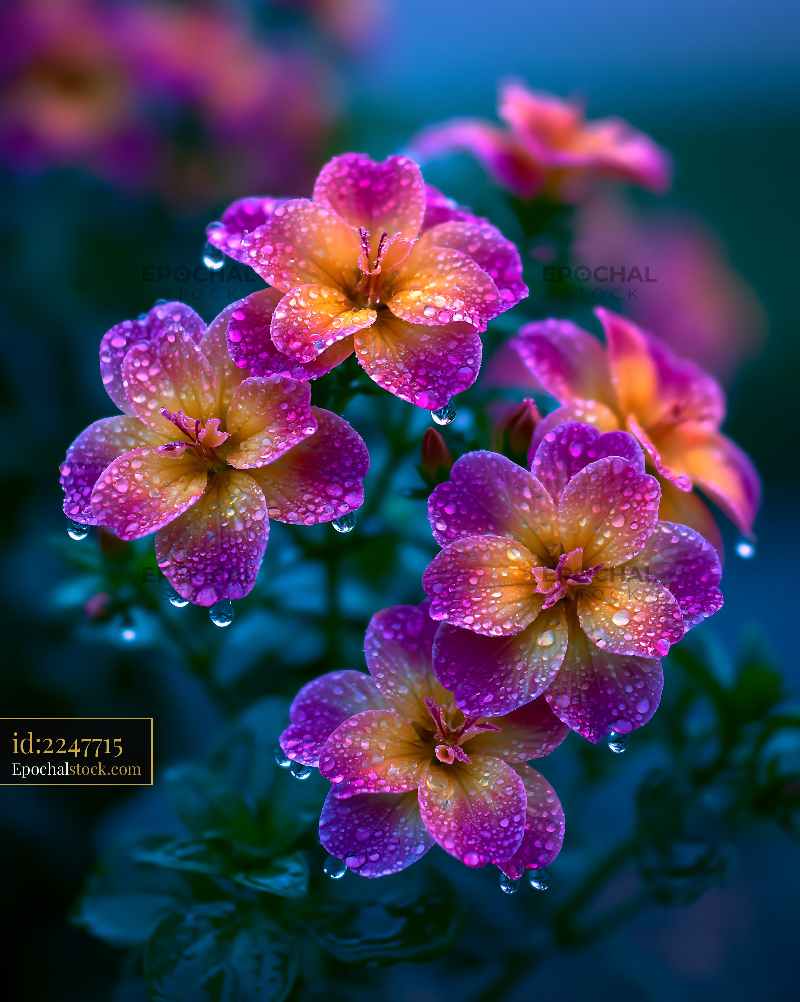 Watermarked full-resolution preview of Colorful flowers covered in water droplets