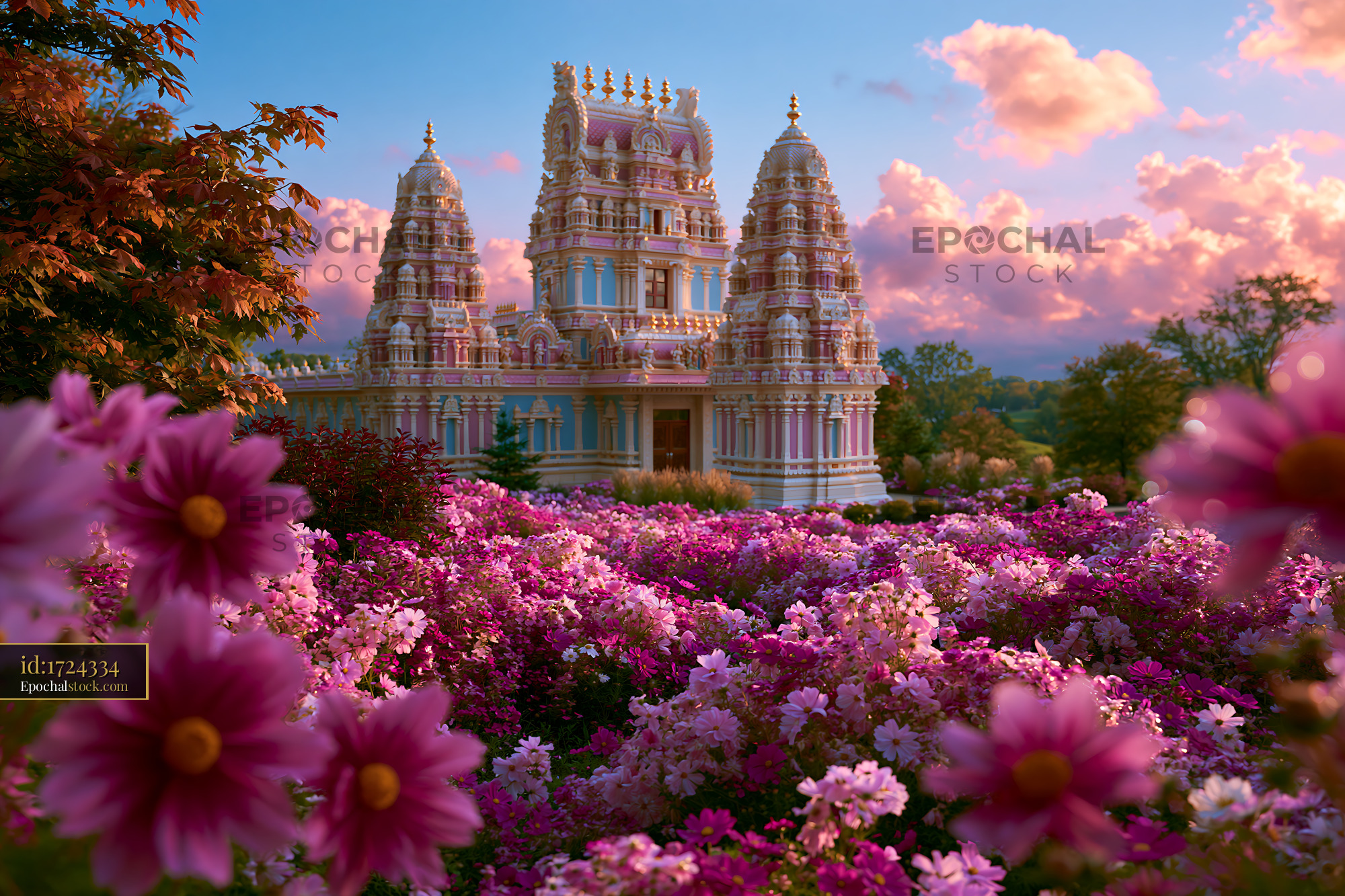 Watermarked full-resolution preview of Beautiful temple with colorful flowers in the foreground at sunset