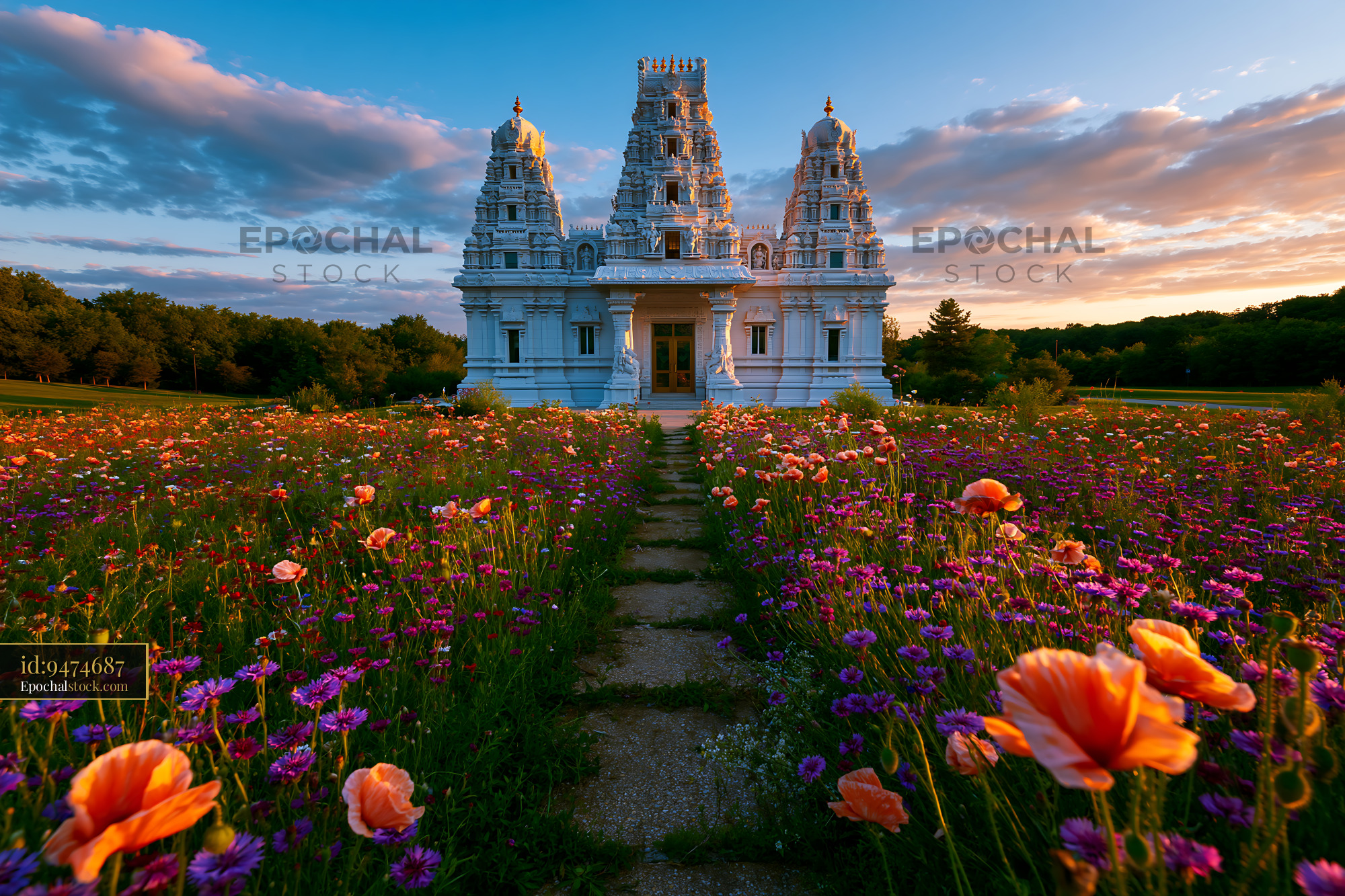 Watermarked full-resolution preview of Beautiful temple surrounded by colorful flowers at sunset