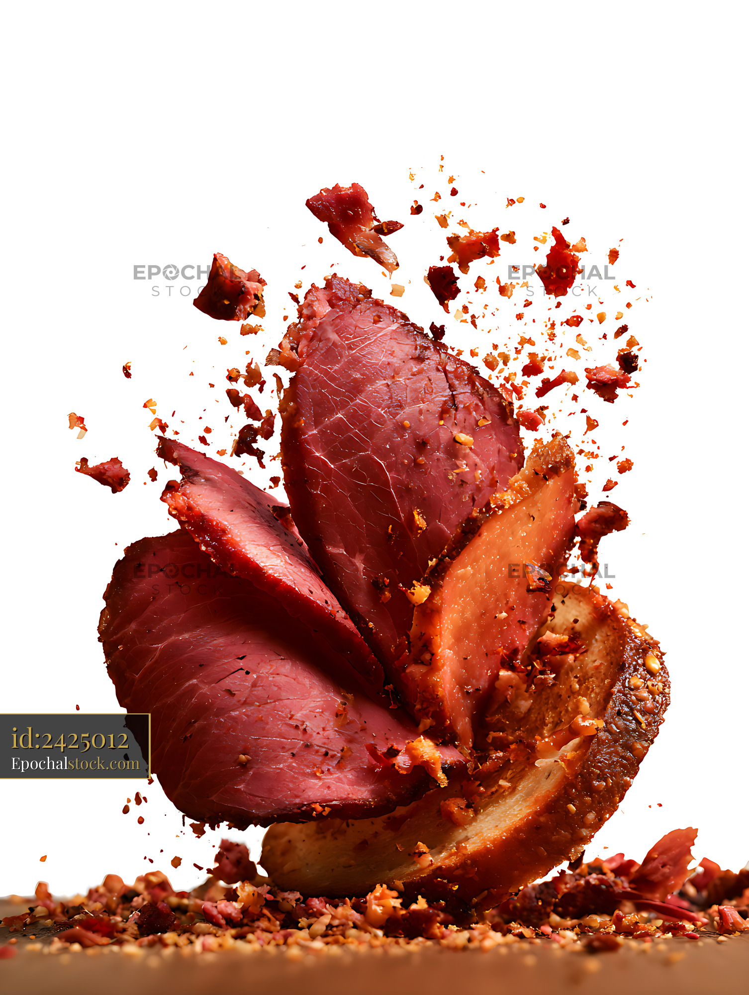 Watermarked full-resolution preview of Close-up sliced roast beef with scattered crumbs