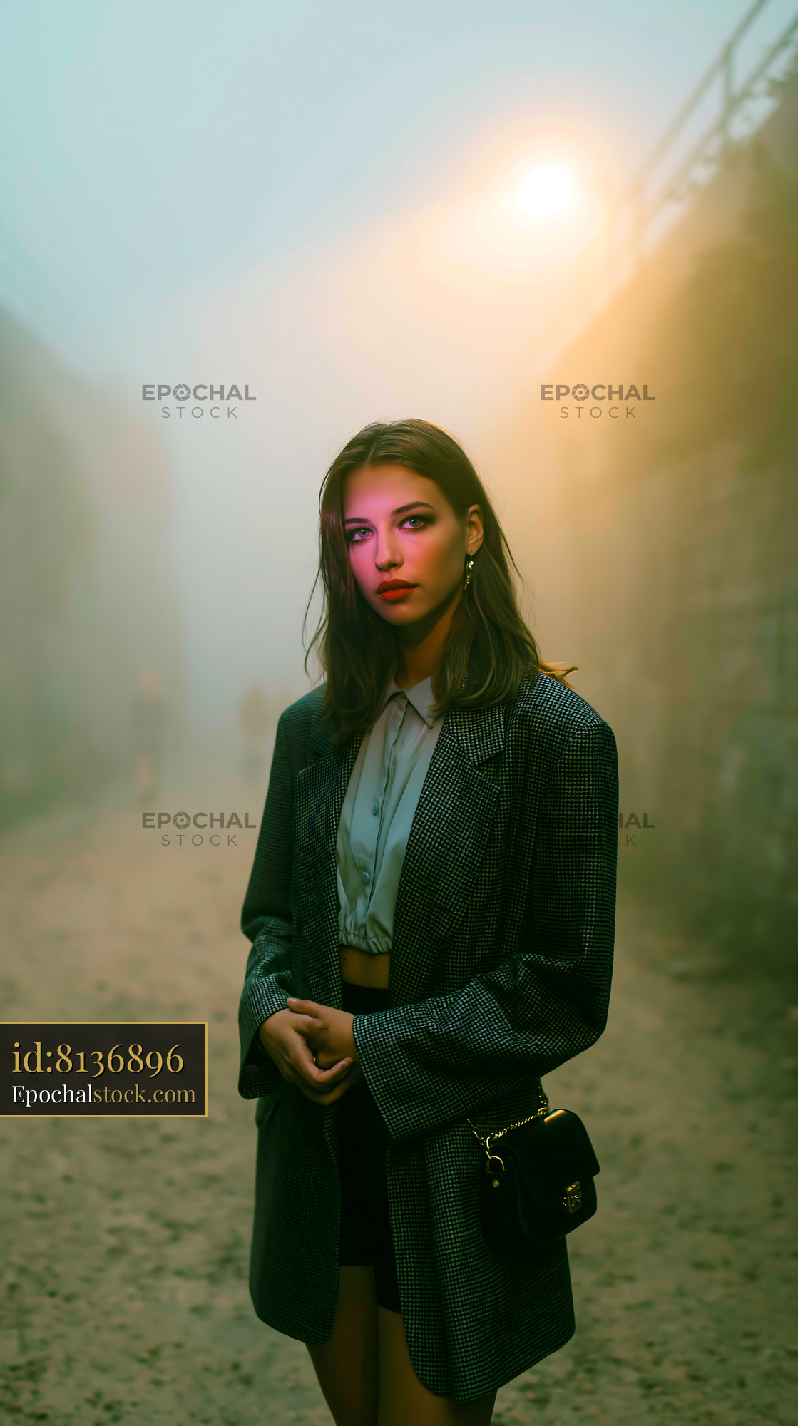 Watermarked full-resolution preview of Young woman stands in foggy street with city lights