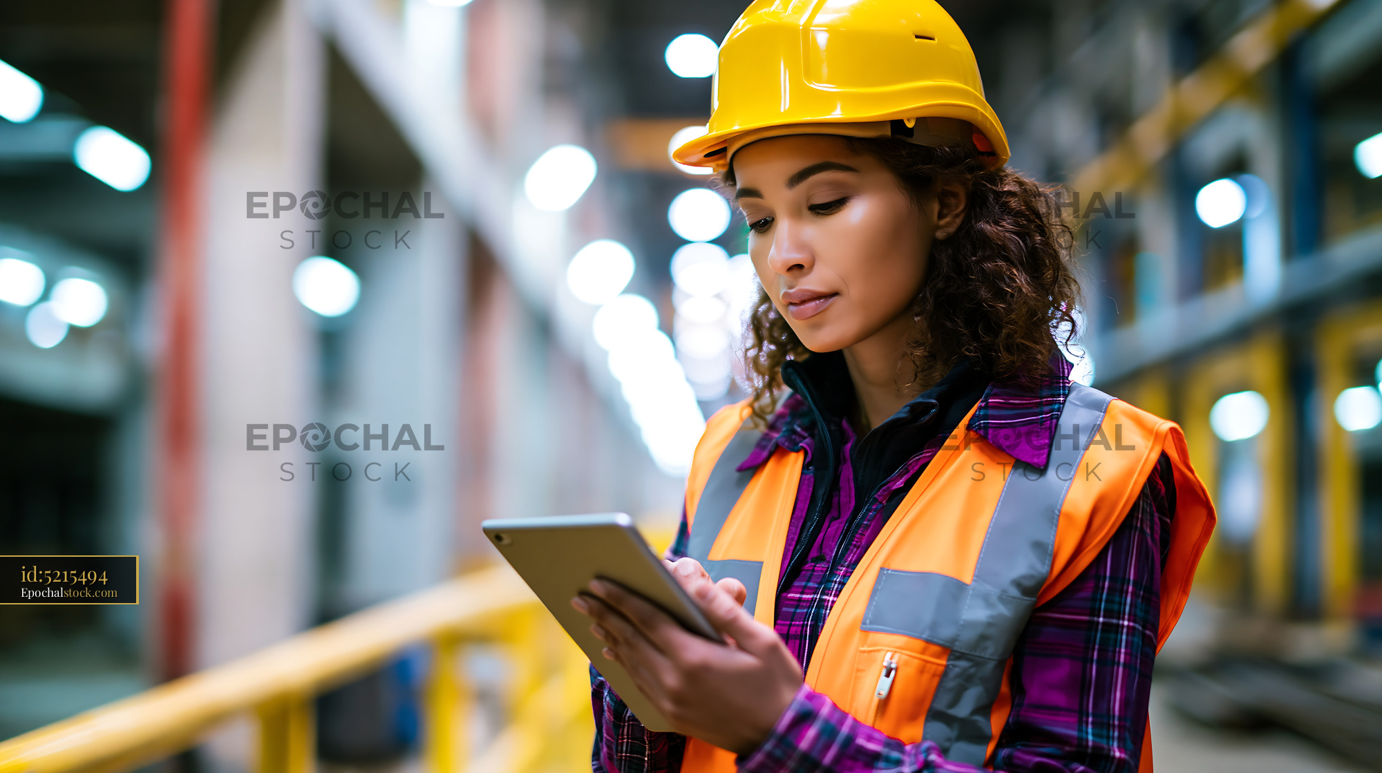Watermarked full-resolution preview of Worker in safety gear using tablet in industrial setting