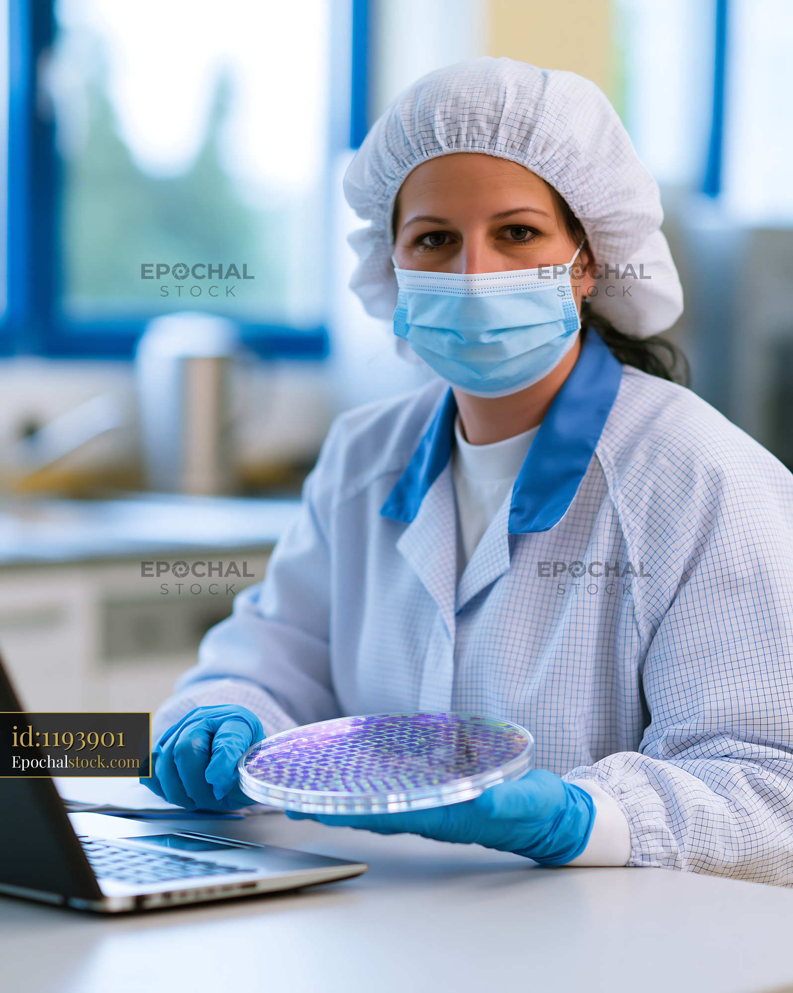 Watermarked full-resolution preview of Scientist working in a laboratory with a petri dish and laptop
