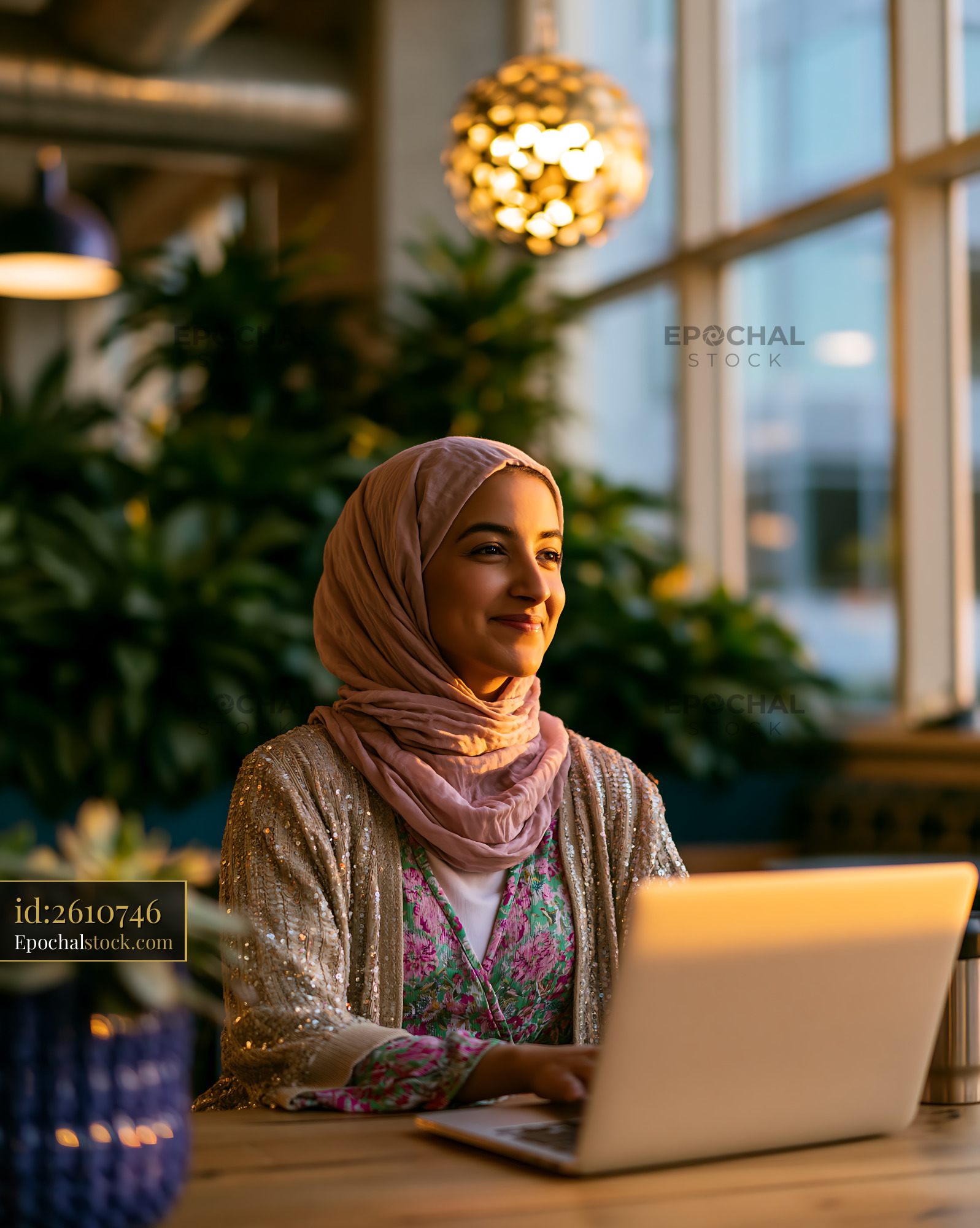 Watermarked full-resolution preview of Woman with laptop in a cafe during evening hours