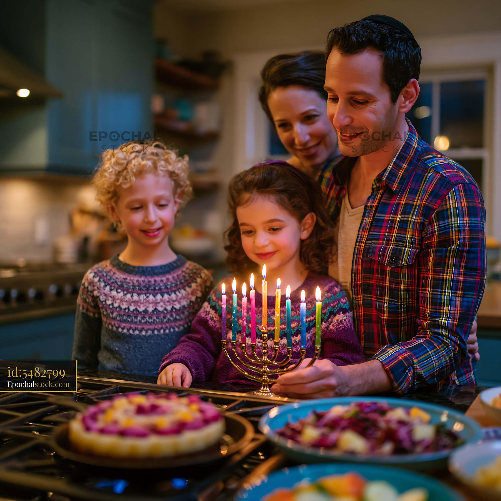 Watermarked full-resolution preview of Family lights menorah during celebration at home