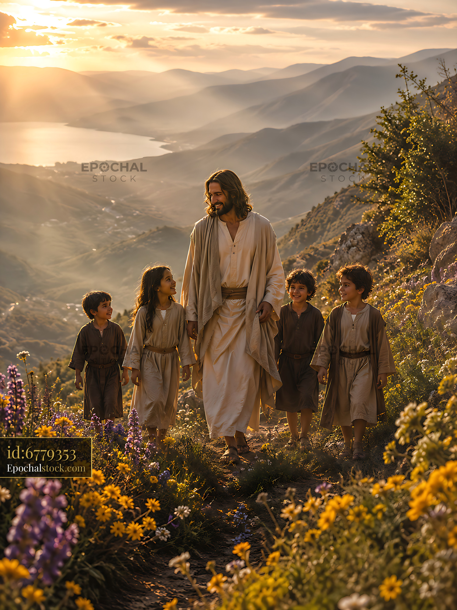 Watermarked full-resolution preview of Walking among children in a field at sunset