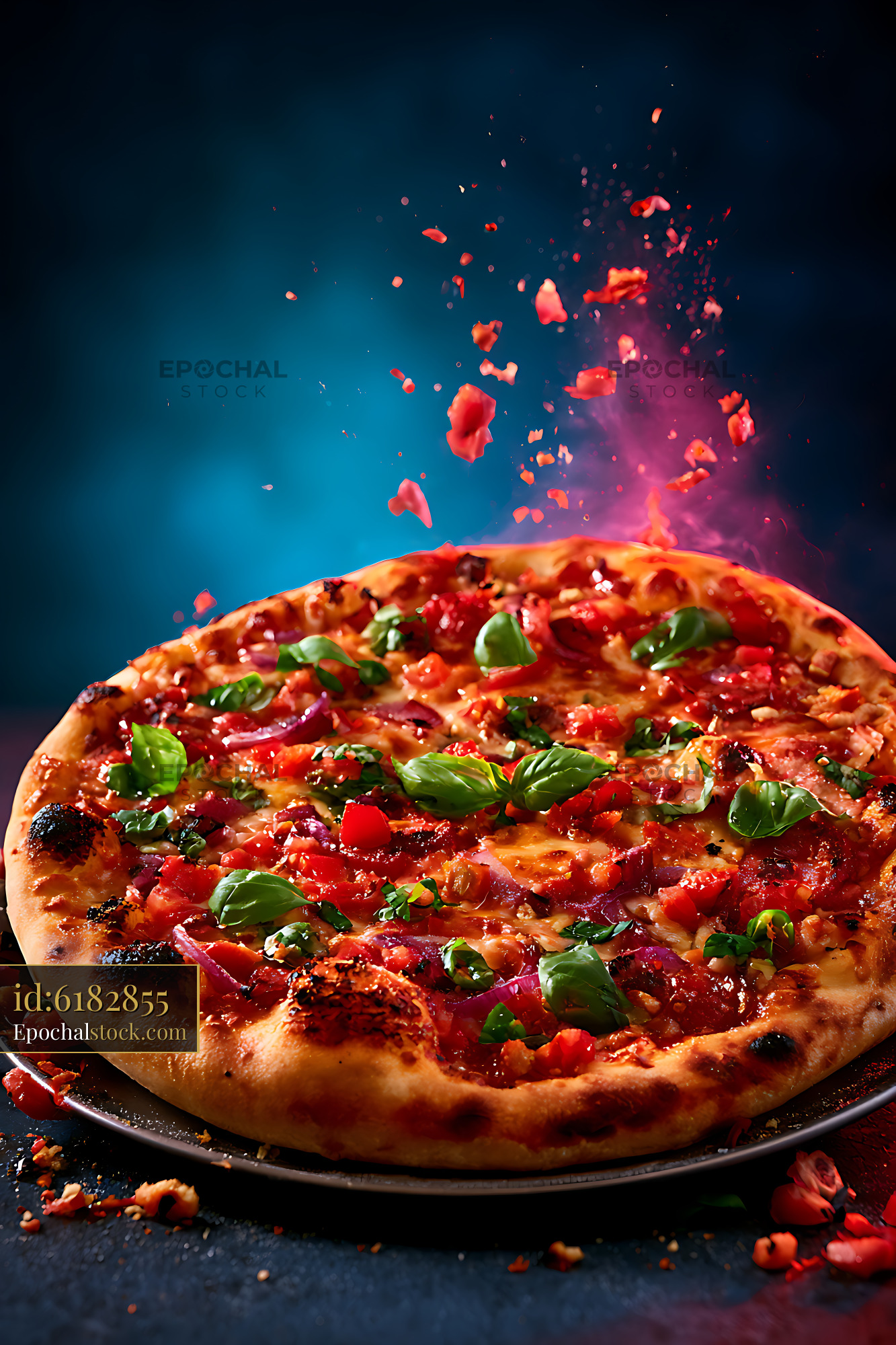 Watermarked full-resolution preview of Colorful vegetable pizza with basil on dark plate
