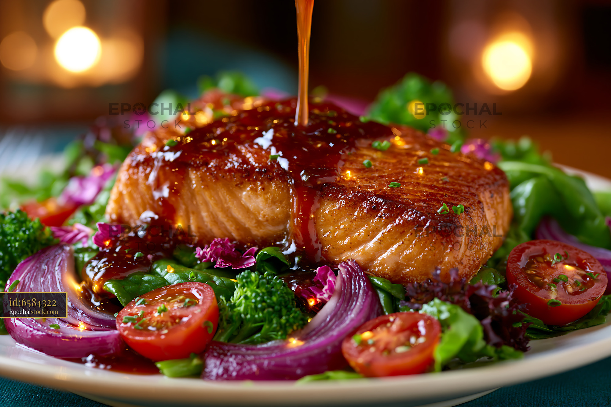 Watermarked full-resolution preview of Salmon fillet served on a bed of fresh vegetables