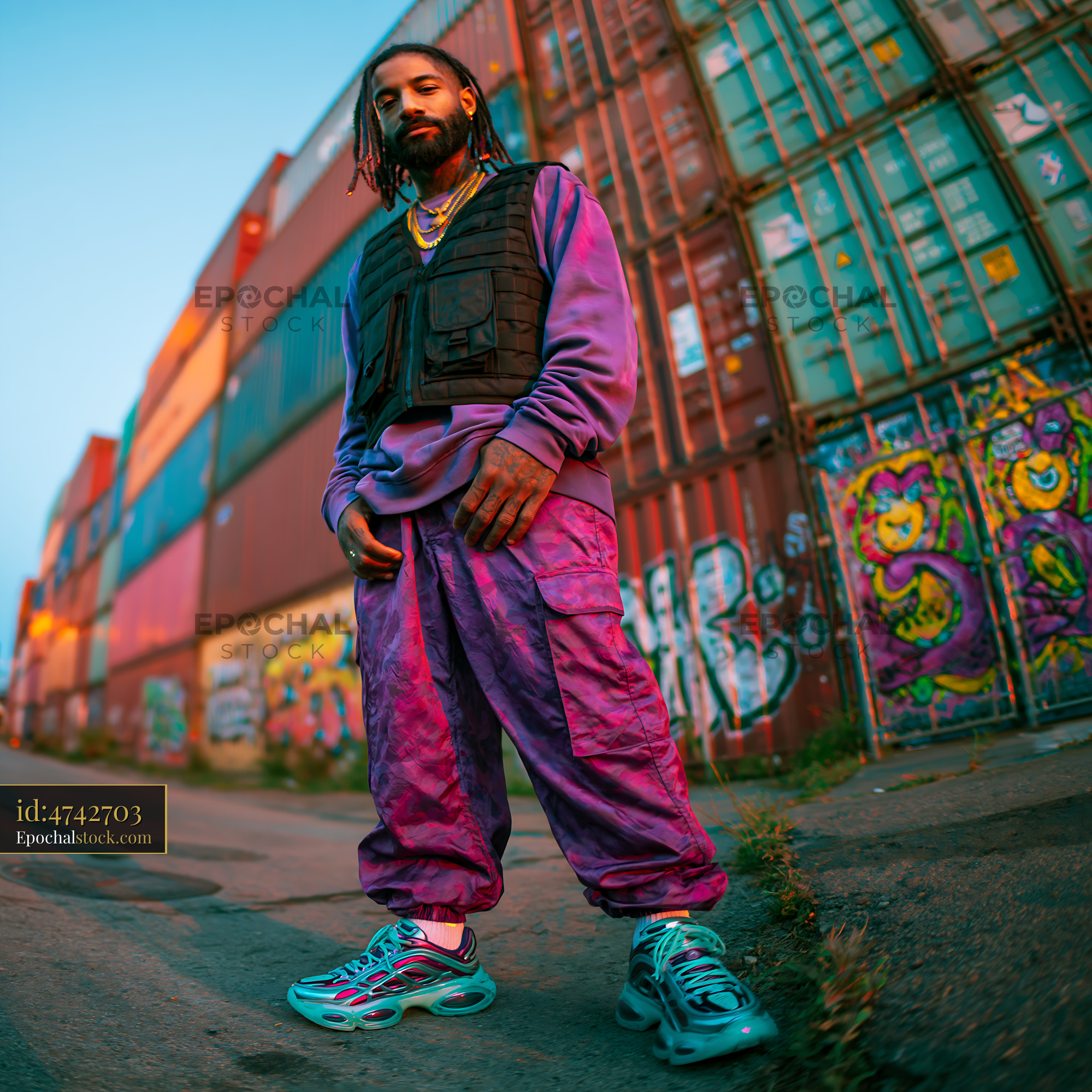 Watermarked full-resolution preview of Urban fashion scene with a man in colorful outfit near graffiti wall