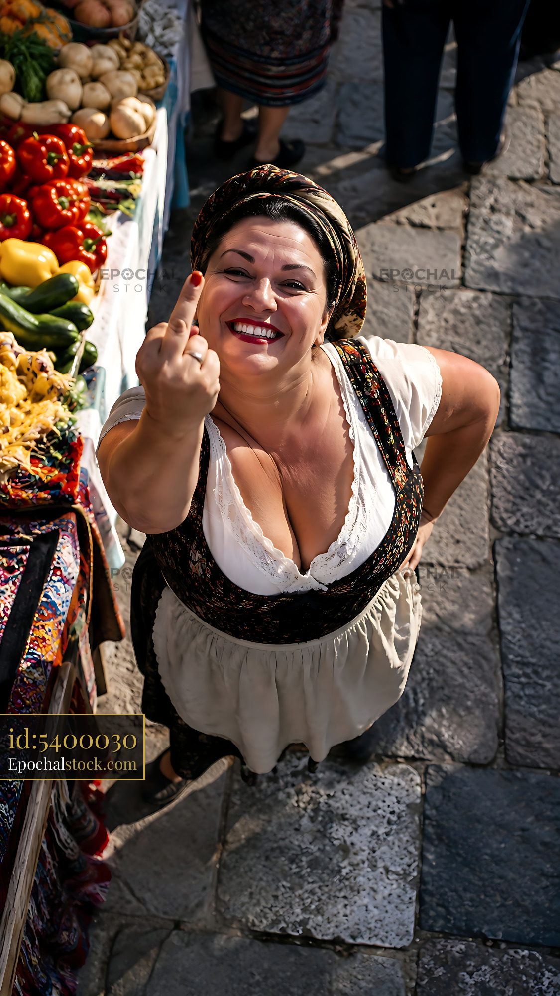Watermarked full-resolution preview of Market vendor gestures at the camera with vegetables around her