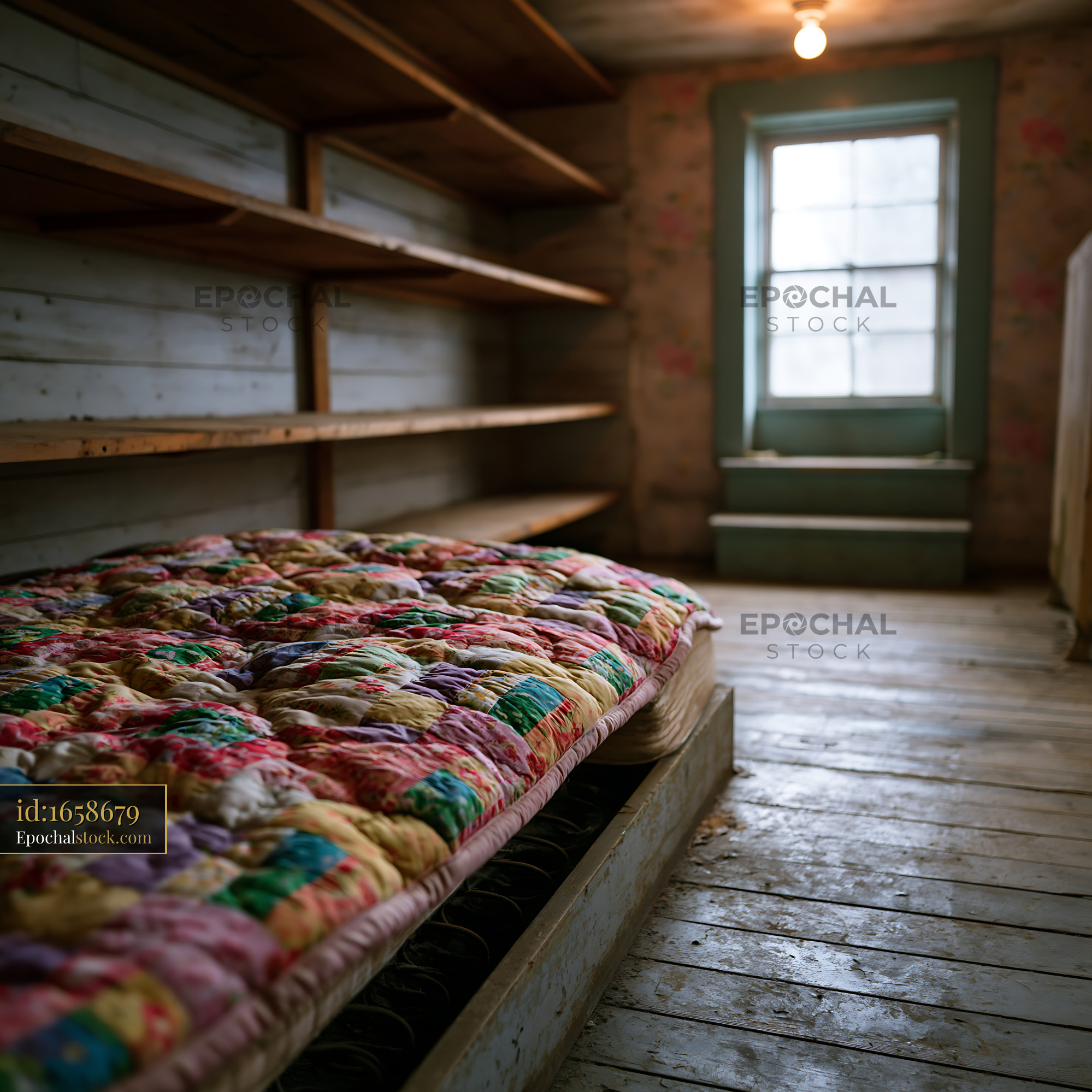 Countryside Pantry With Empty Shelves and Old Quilted Mattress - stock photo