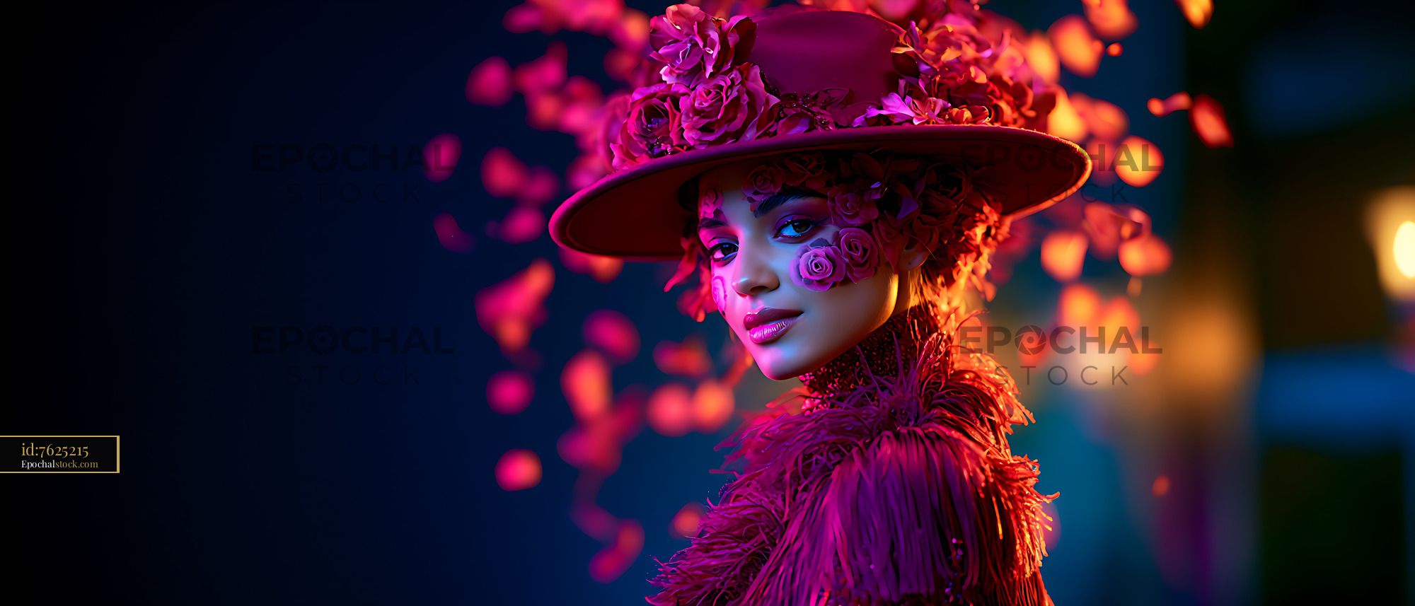 Watermarked full-resolution preview of Colorful portrait of woman wearing an ornate floral hat