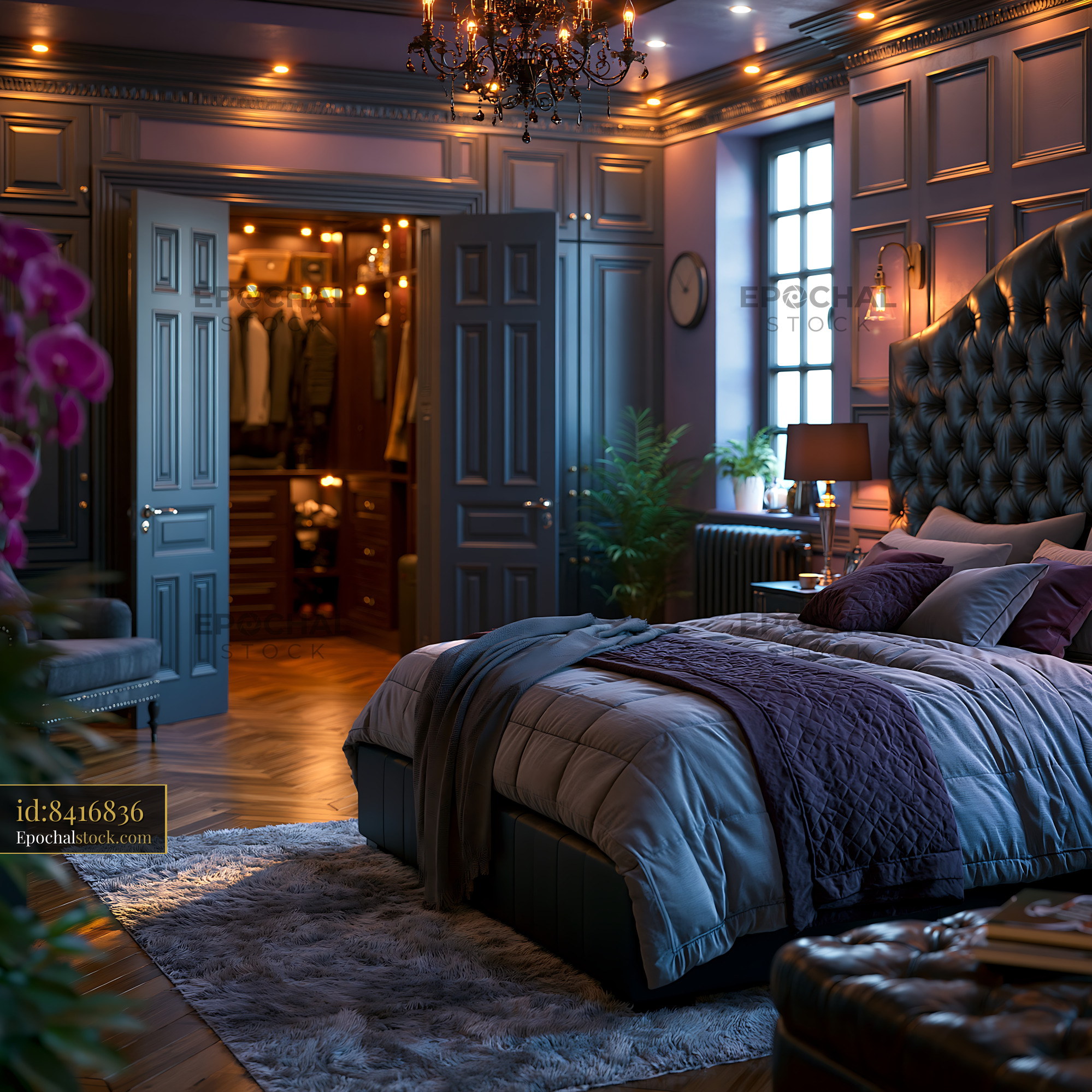 Watermarked full-resolution preview of Elegant bedroom design with modern features and warm lighting