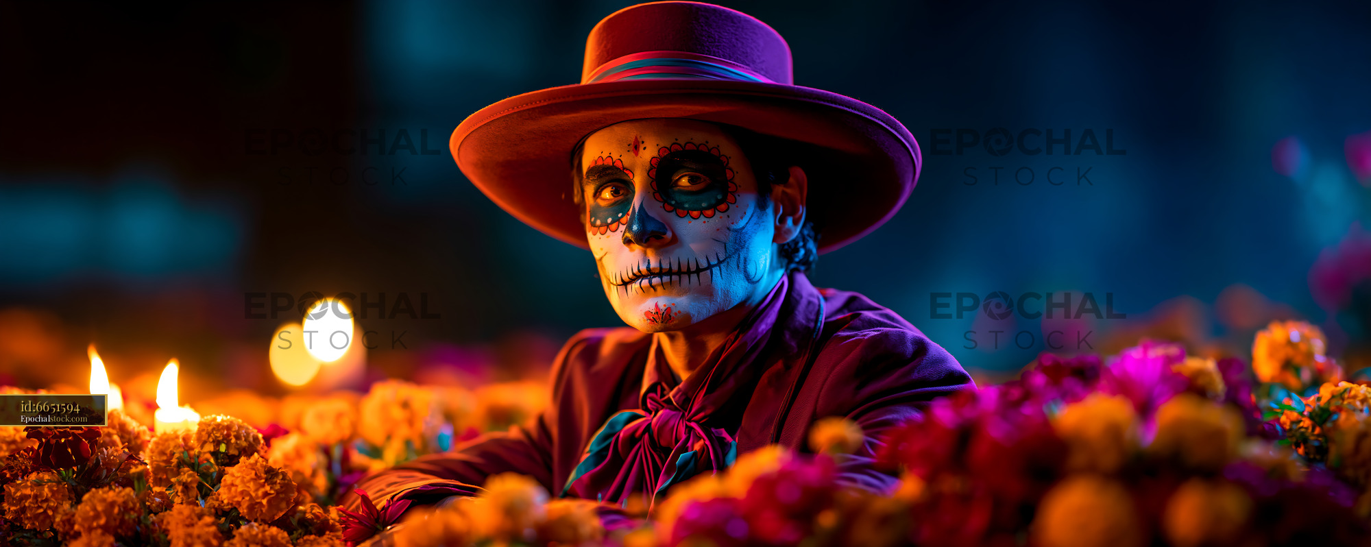 Watermarked full-resolution preview of Celebration of Día de los Muertos with flowers and candles