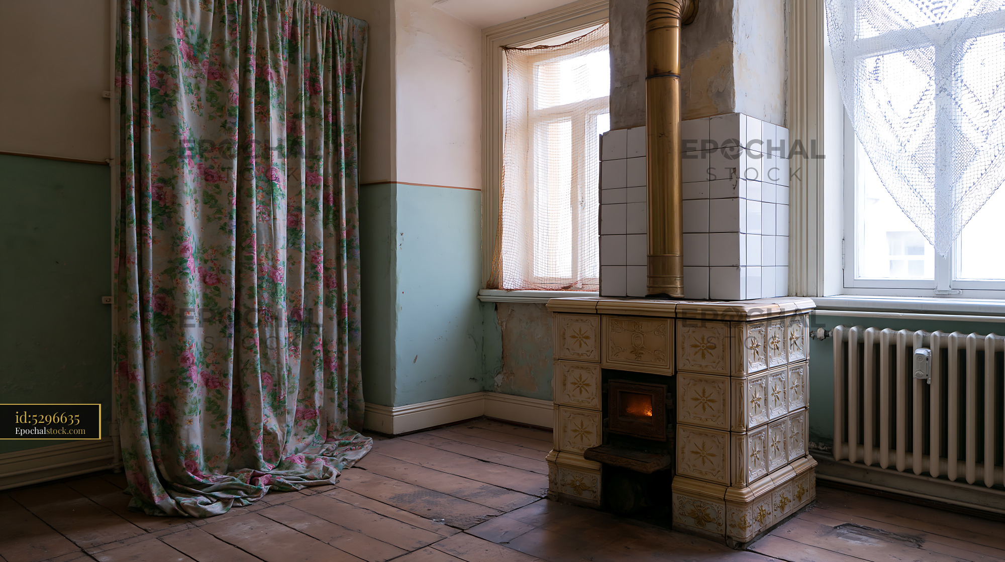 Watermarked full-resolution preview of Old room with a heating stove and floral curtain