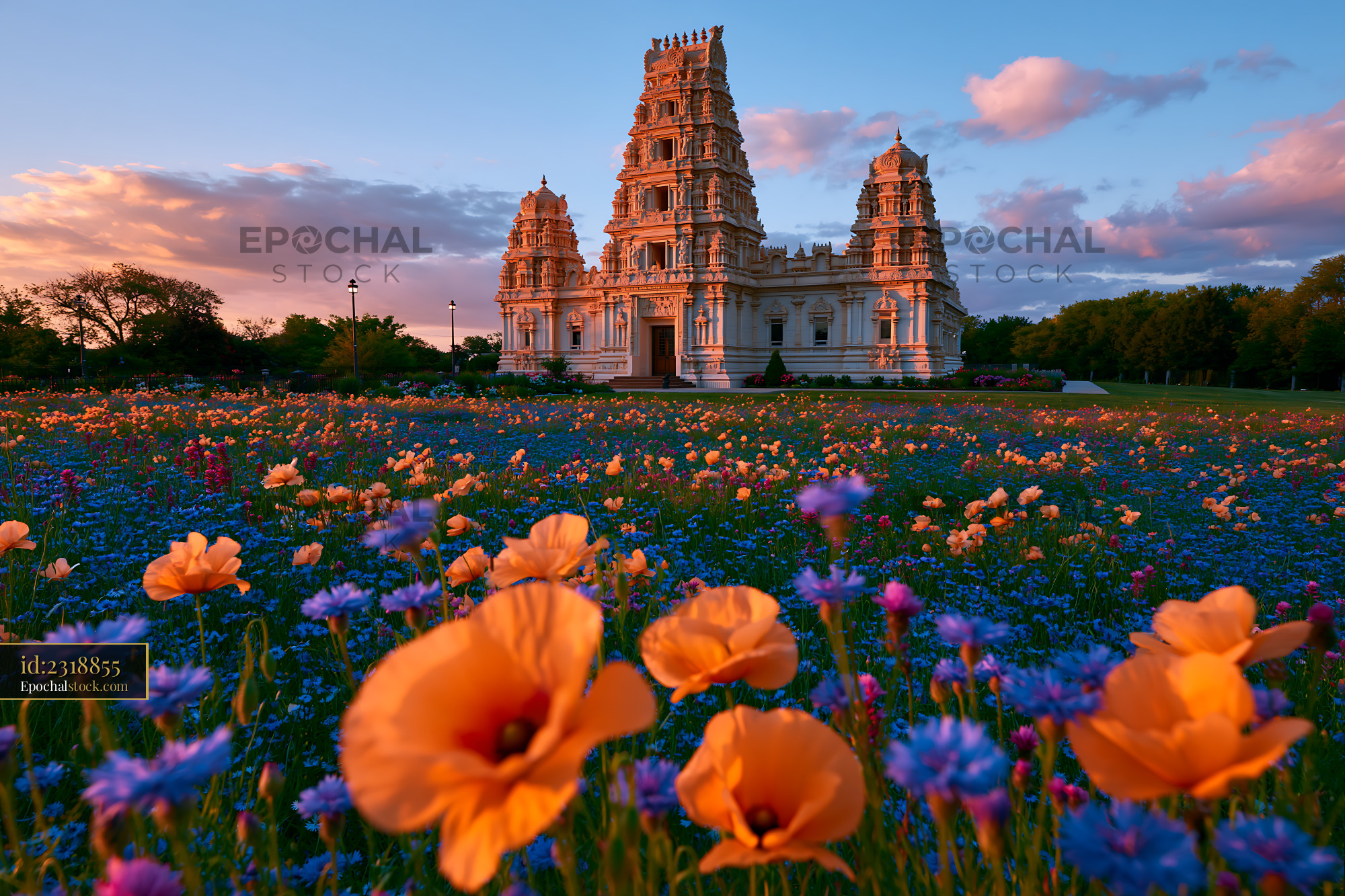 Watermarked full-resolution preview of Temple with flowers in foreground during sunset