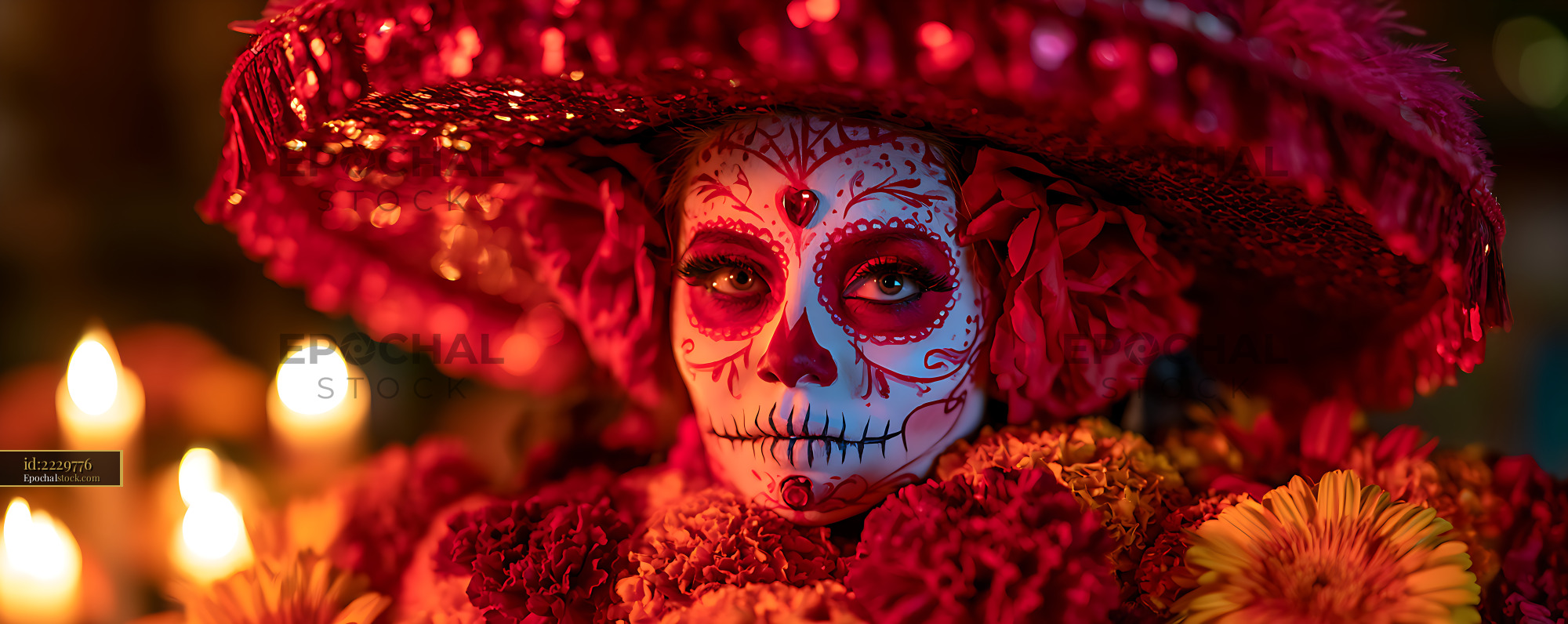 Watermarked full-resolution preview of Ornate skull face paint portrait surrounded by flowers