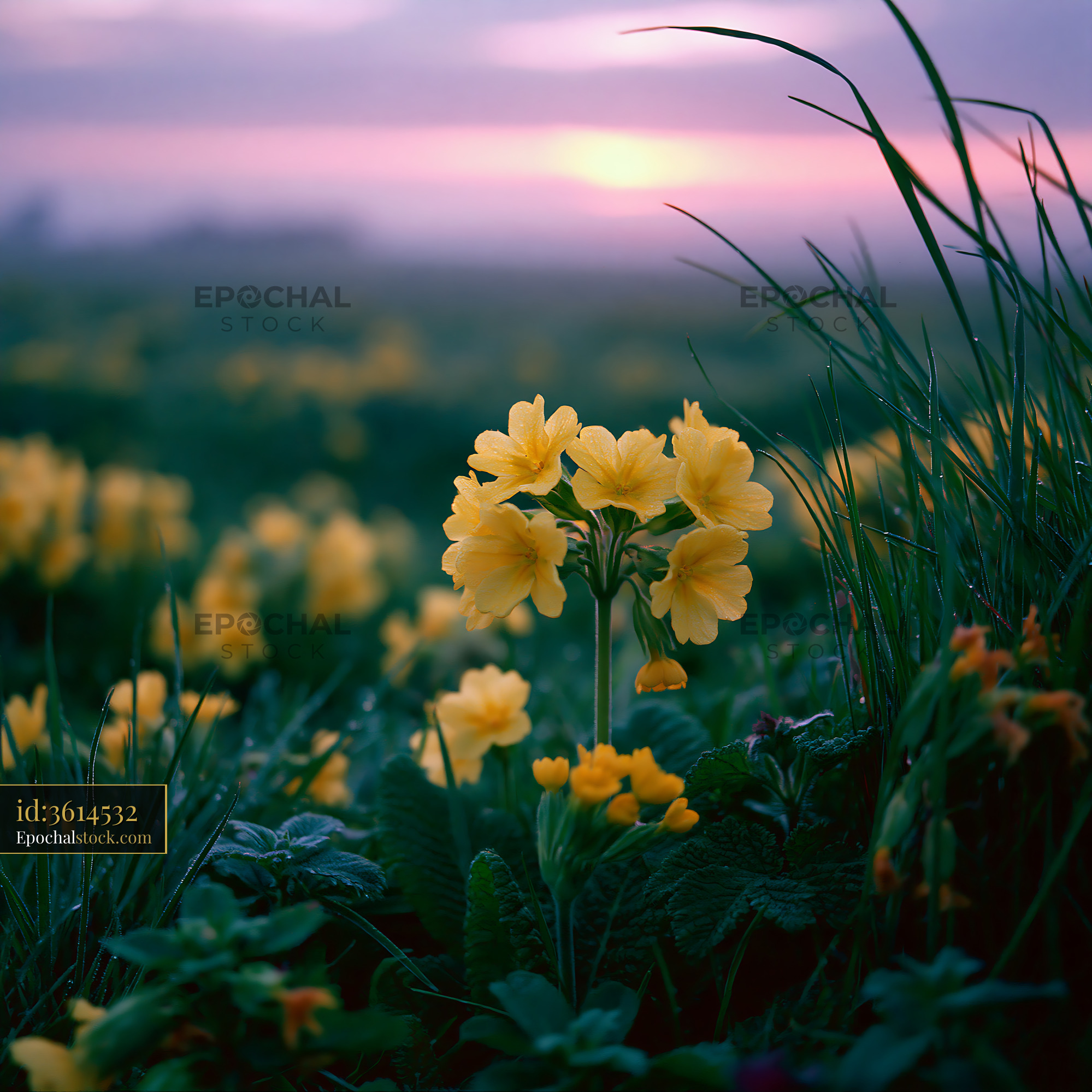 Watermarked full-resolution preview of Yellow flowers in a field during sunset