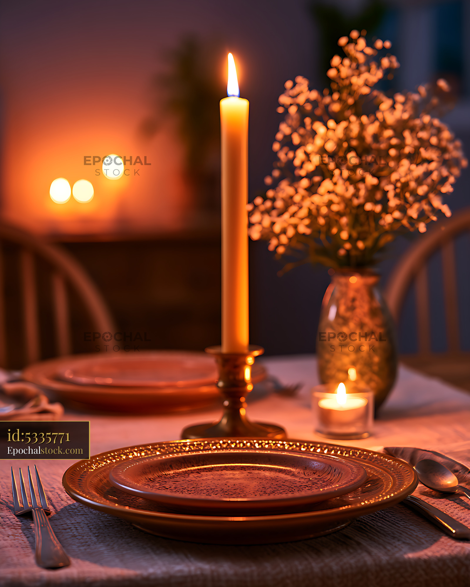 Watermarked full-resolution preview of Warm candlelit table setting with floral centerpiece
