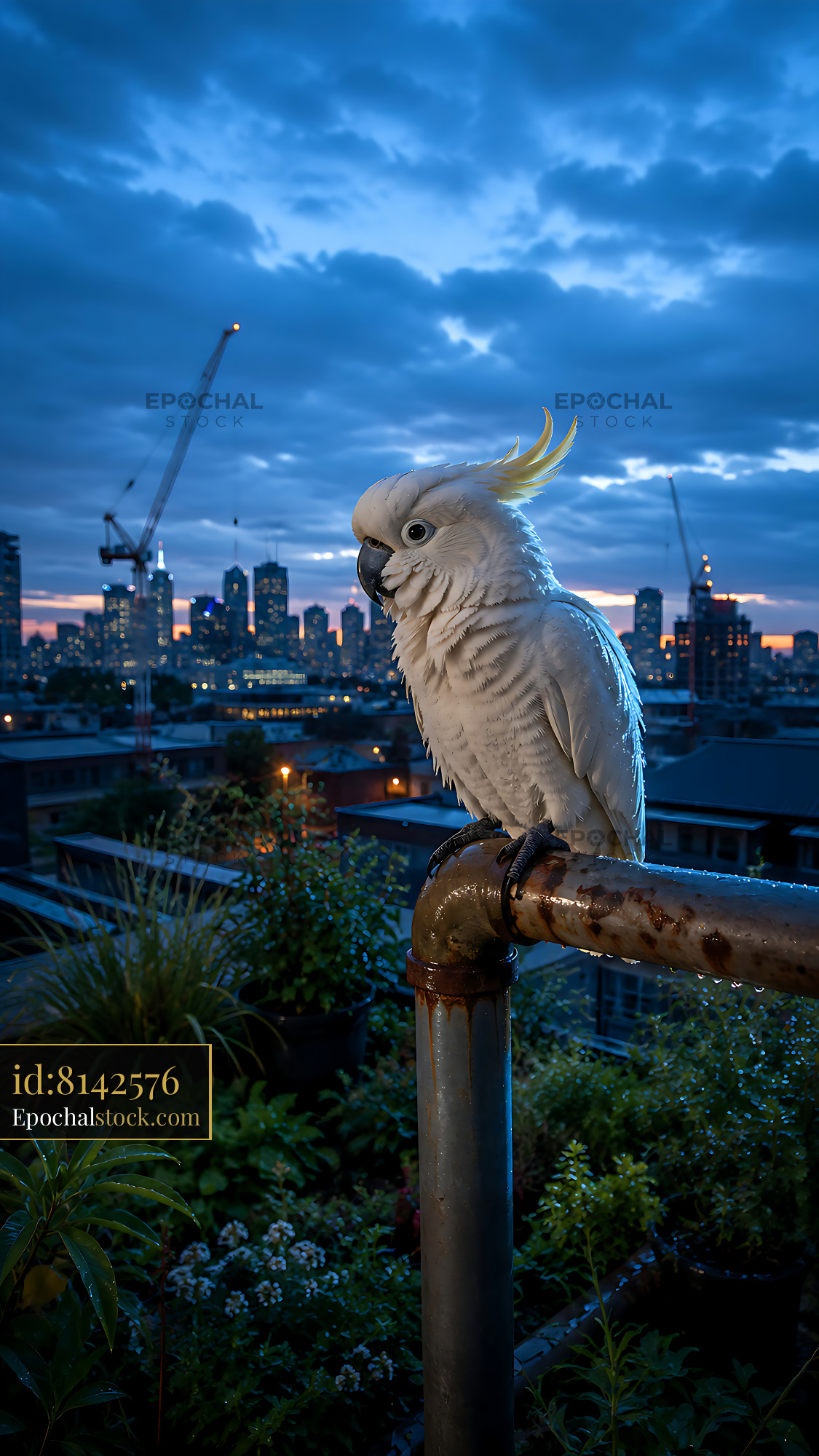 Watermarked full-resolution preview of Cockatoo perched on a railing with city skyline at dusk