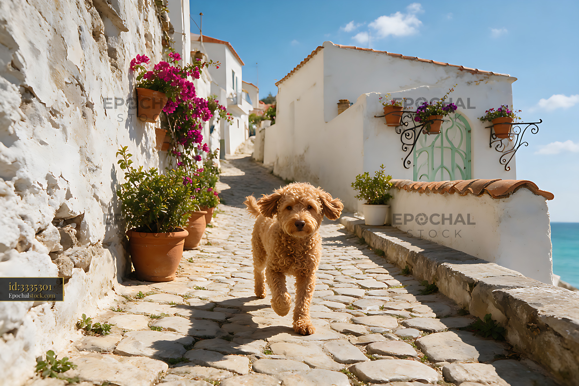 Watermarked full-resolution preview of Curly-coated dog on a coastal village lane