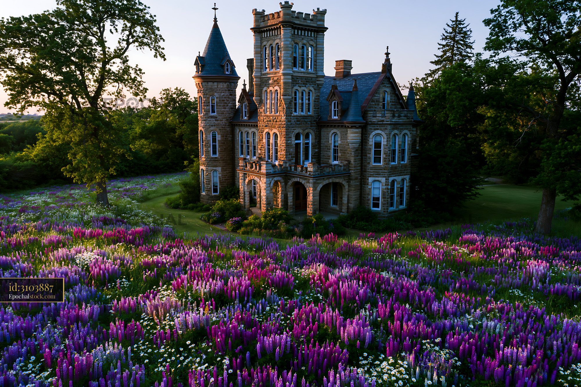 Historic Mansion Surrounded by Blooming Flowers at Sunset - stock photo