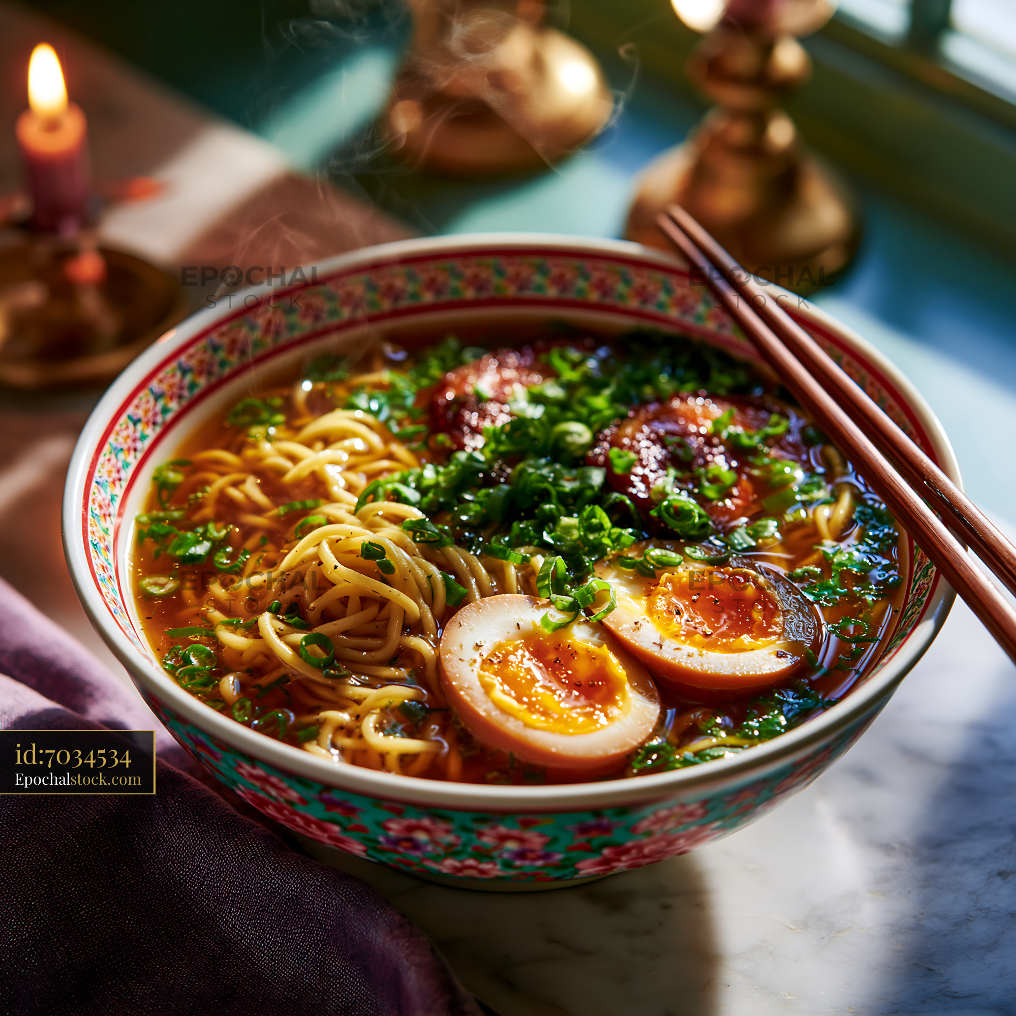 Watermarked full-resolution preview of Delicious noodle soup with eggs and herbs in a colorful bowl