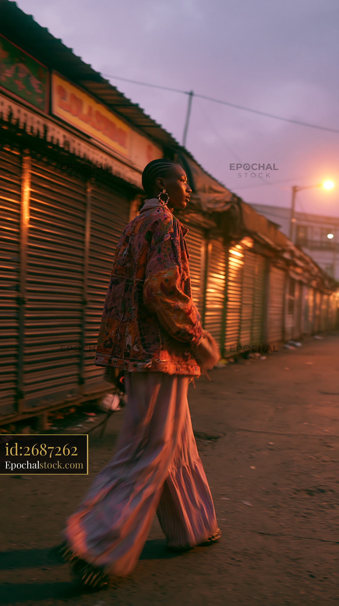 Watermarked full-resolution preview of Woman walking in market area at dusk