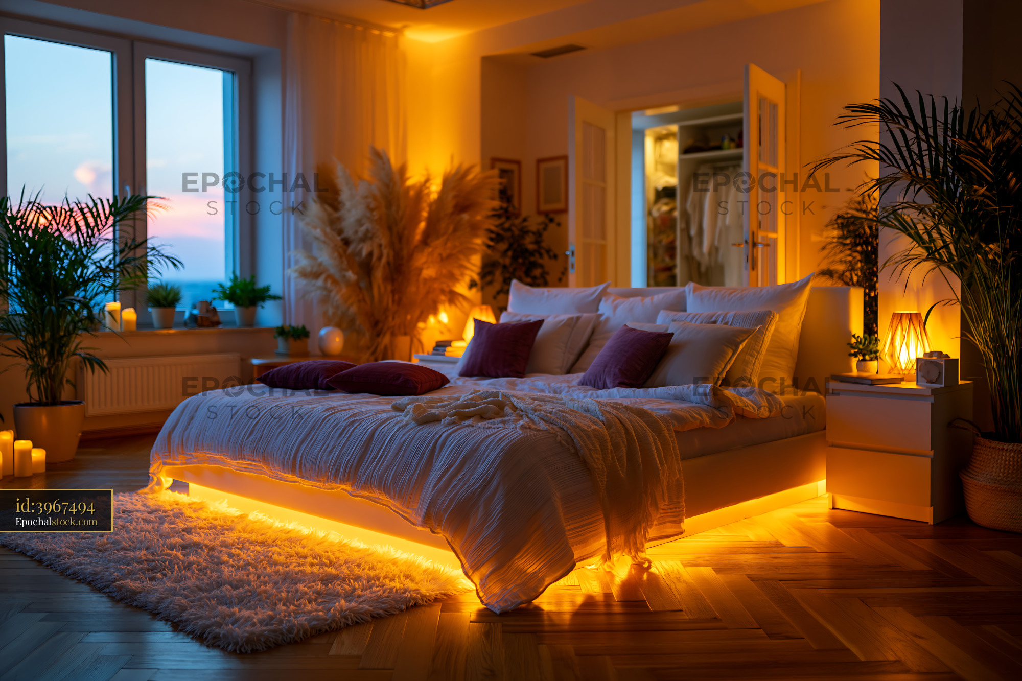 Watermarked full-resolution preview of Cozy bedroom with warm lighting and plants in evening time