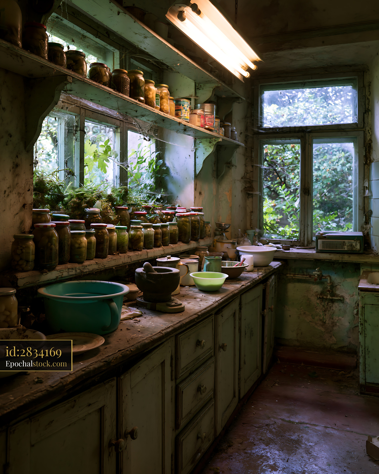 Watermarked full-resolution preview of Old kitchen with jars and visible greenery outside the window