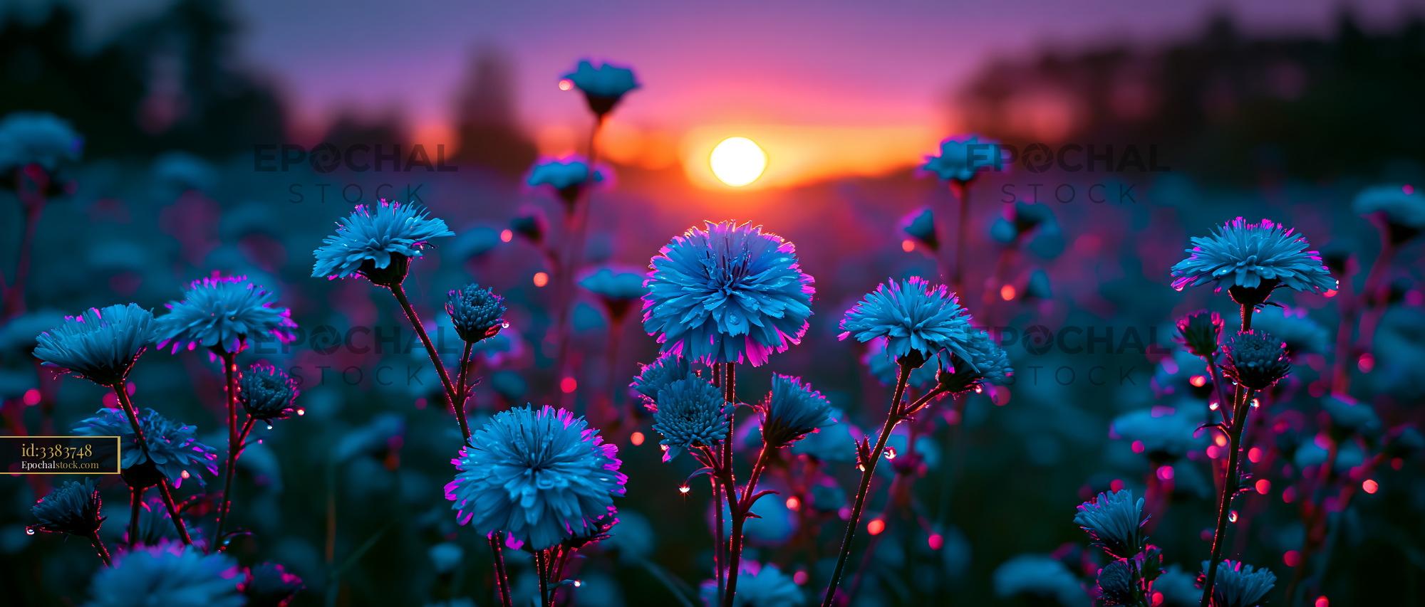 Watermarked full-resolution preview of Sunset over a field of blue flowers with glowing details