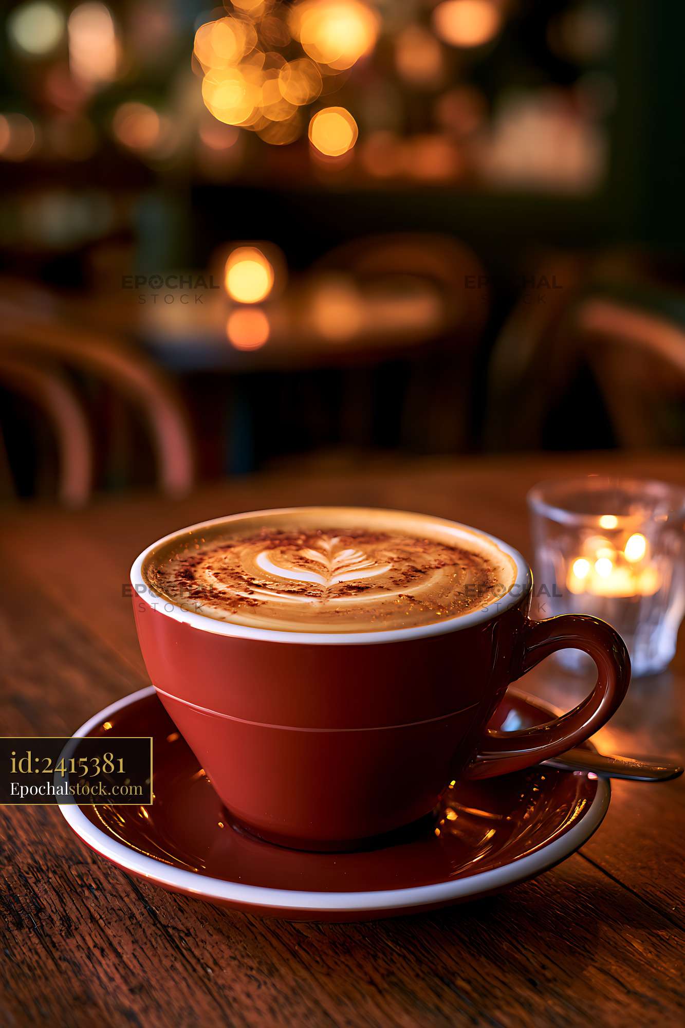 Watermarked full-resolution preview of Latte with heart foam art on a café table