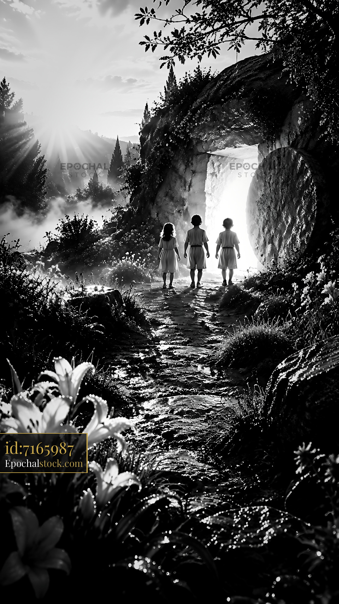 Children Walk on Path Surrounded by Nature Toward Bright Opening - stock photo