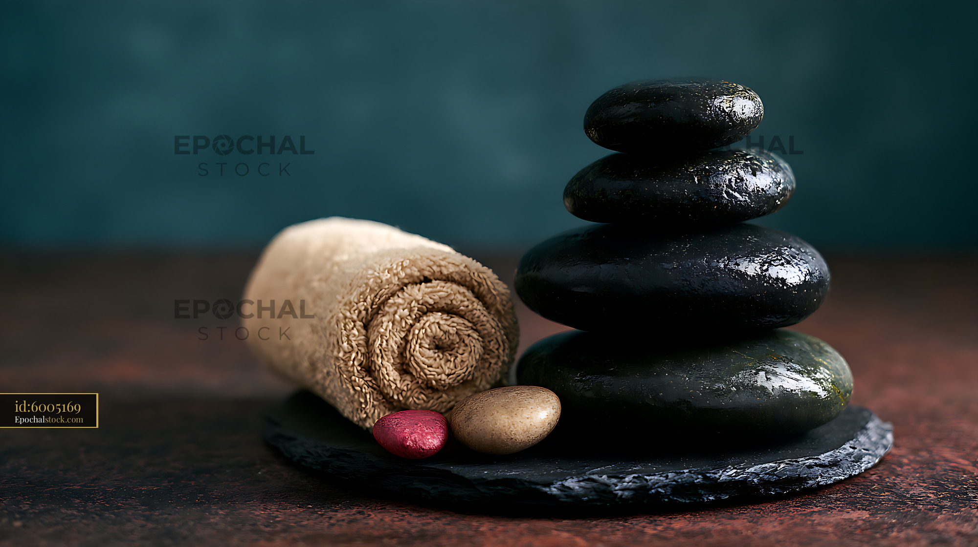 Watermarked full-resolution preview of Spa still life with stacked stones and rolled towel