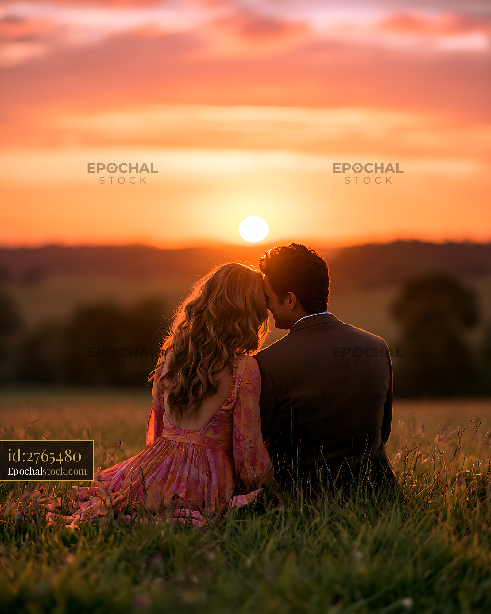 Watermarked full-resolution preview of Romantic couple watching the sunset in a field