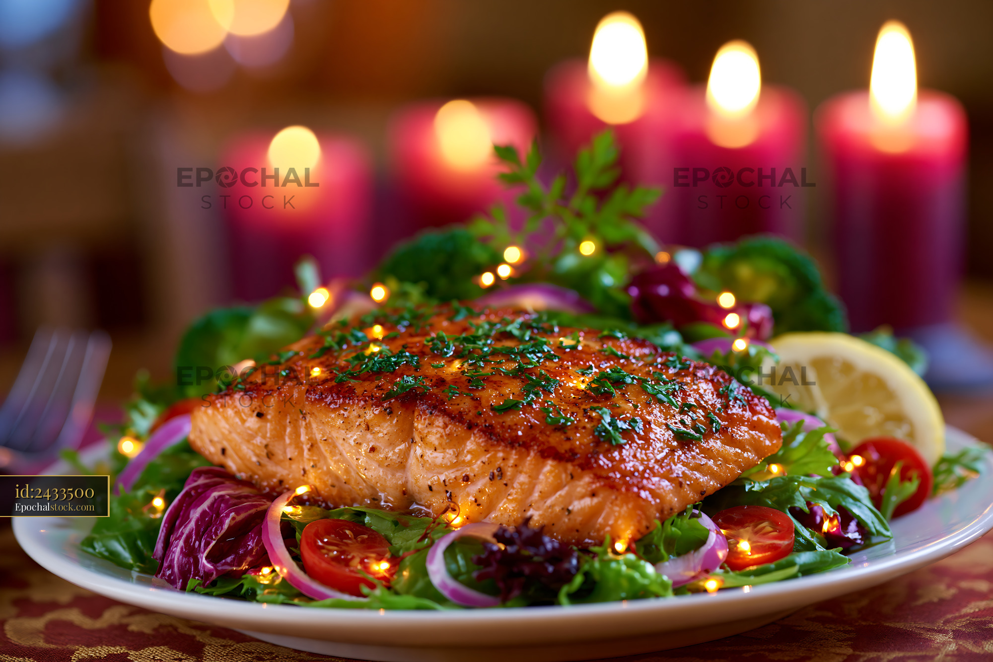Watermarked full-resolution preview of Grilled salmon served on a plate with salad and candles