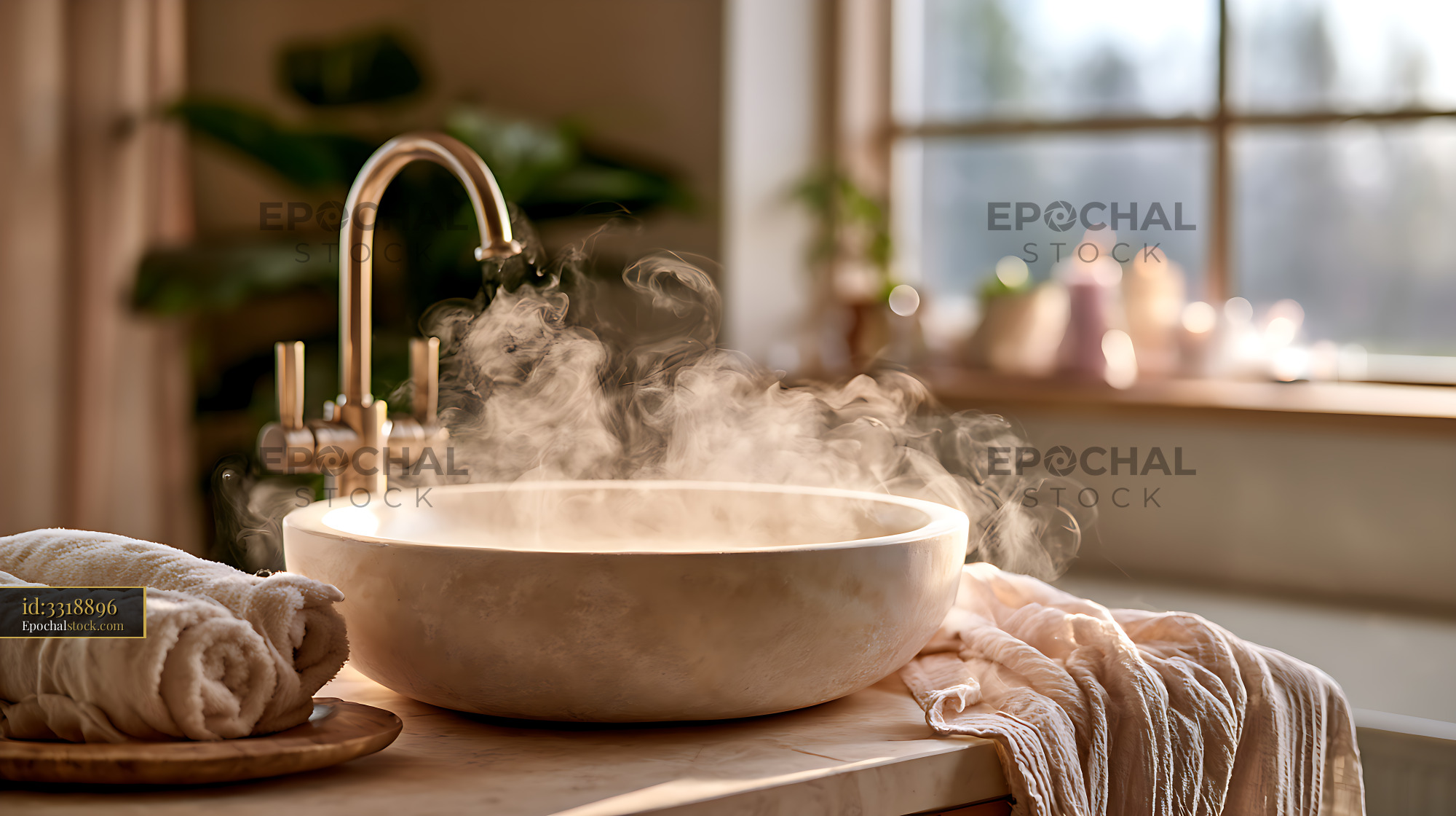Watermarked full-resolution preview of Warm home interior with steaming ceramic bowl