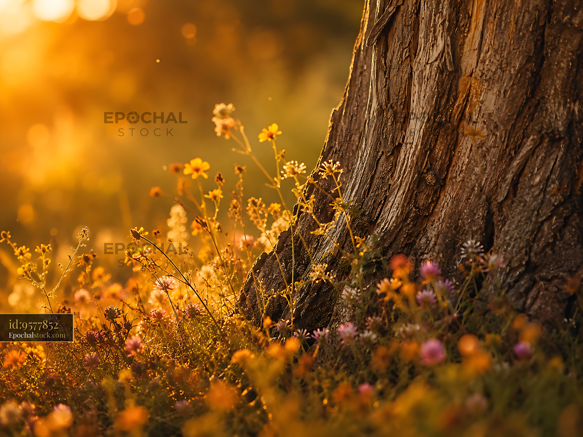 Tree Trunk Surrounded by Wildflowers During Sunset in a Forest - stock photo