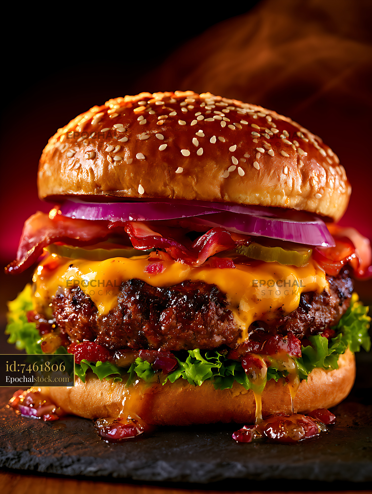 Watermarked full-resolution preview of Loaded cheeseburger with bacon, cheese, and vegetables