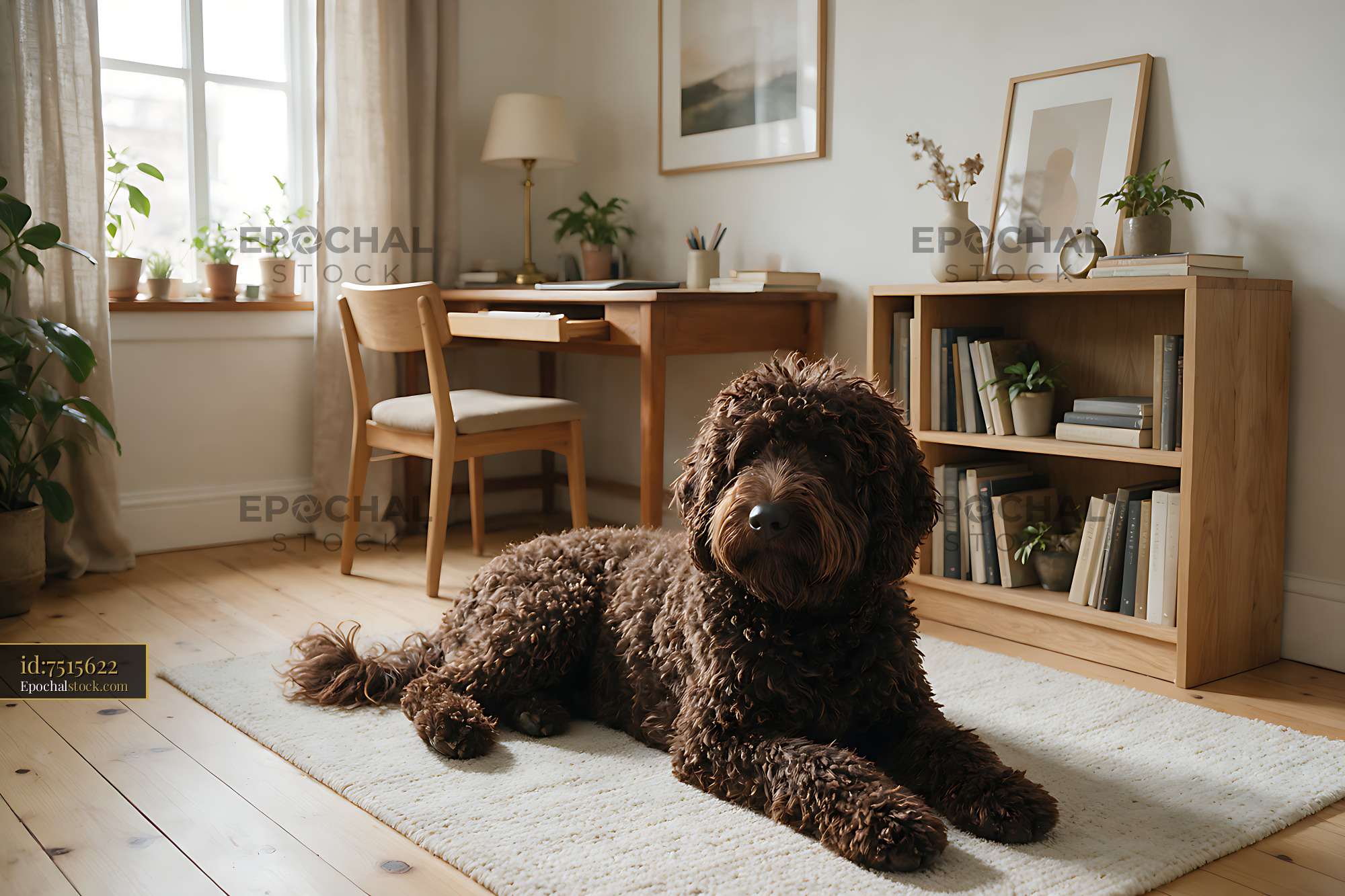 Watermarked full-resolution preview of Curly dog relaxing indoors on a soft rug