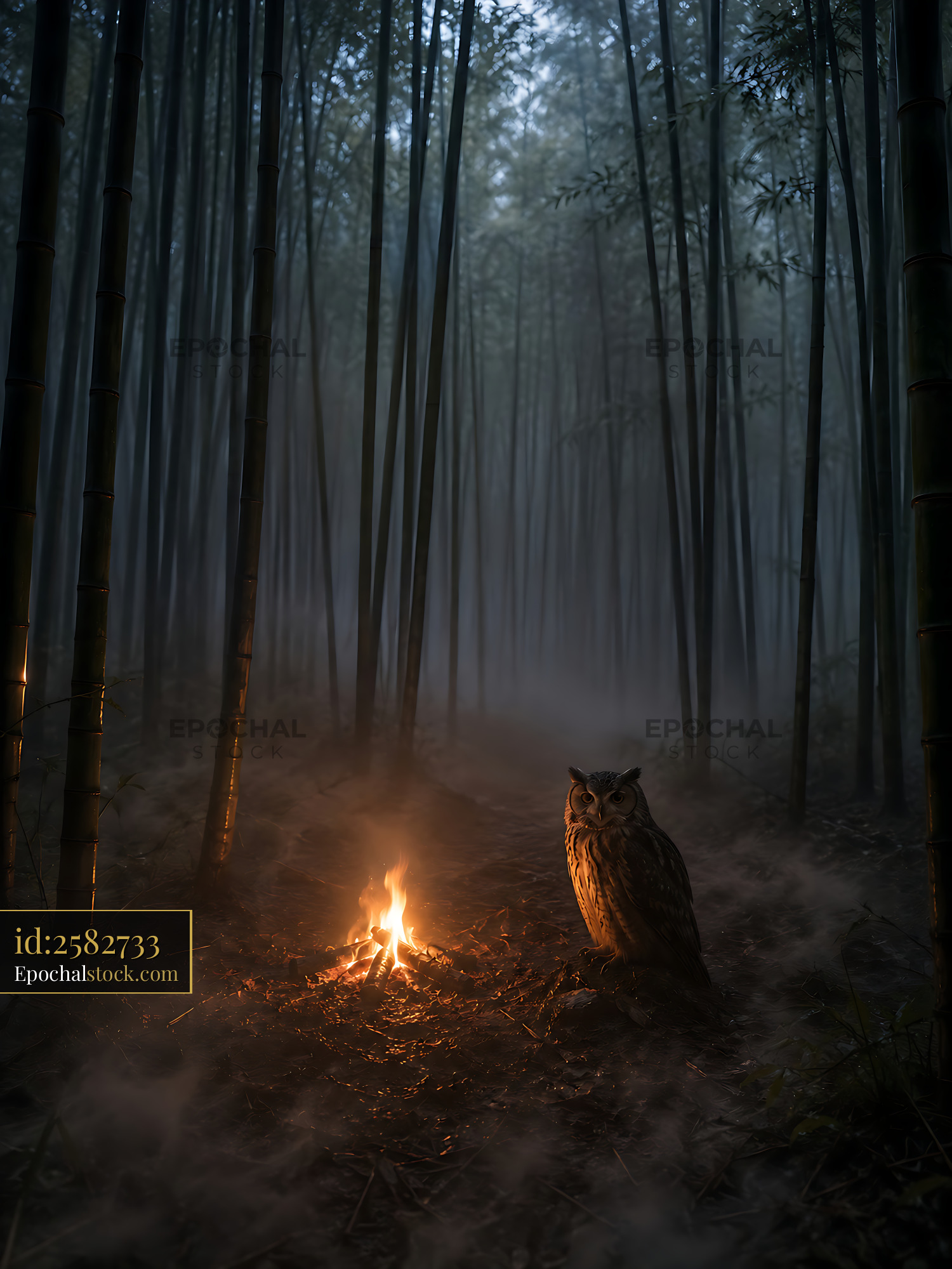 Watermarked full-resolution preview of Owl sitting beside fire in a bamboo forest at night