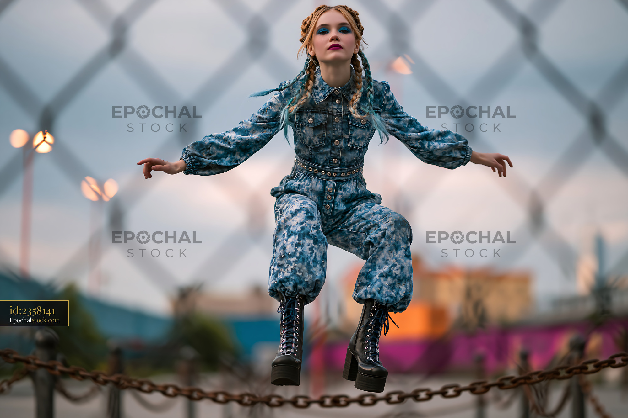 Watermarked full-resolution preview of Girl in blue jumpsuit hovering in air near a chain link fence