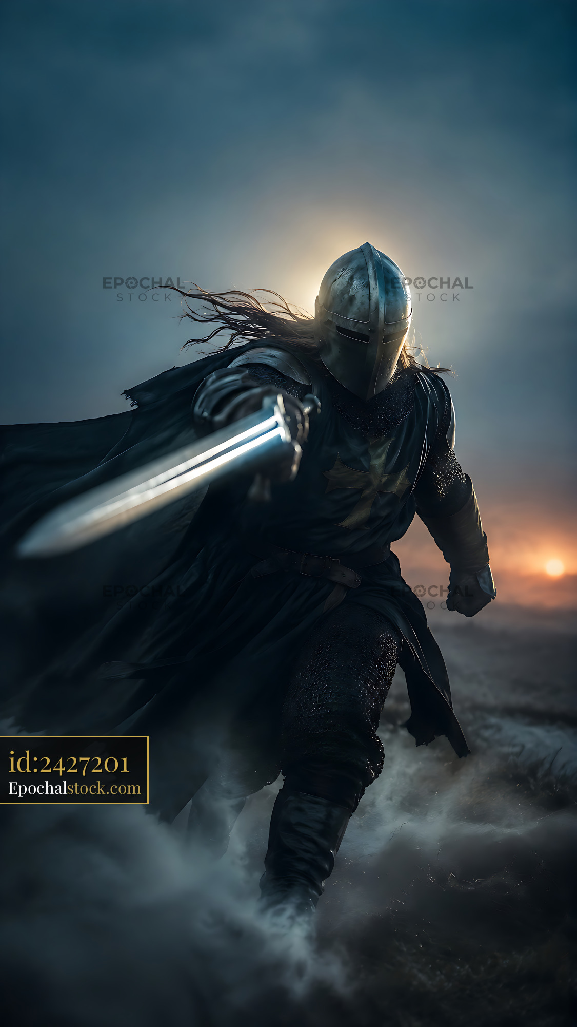 Watermarked full-resolution preview of Warrior in armor wielding sword on a dark battlefield