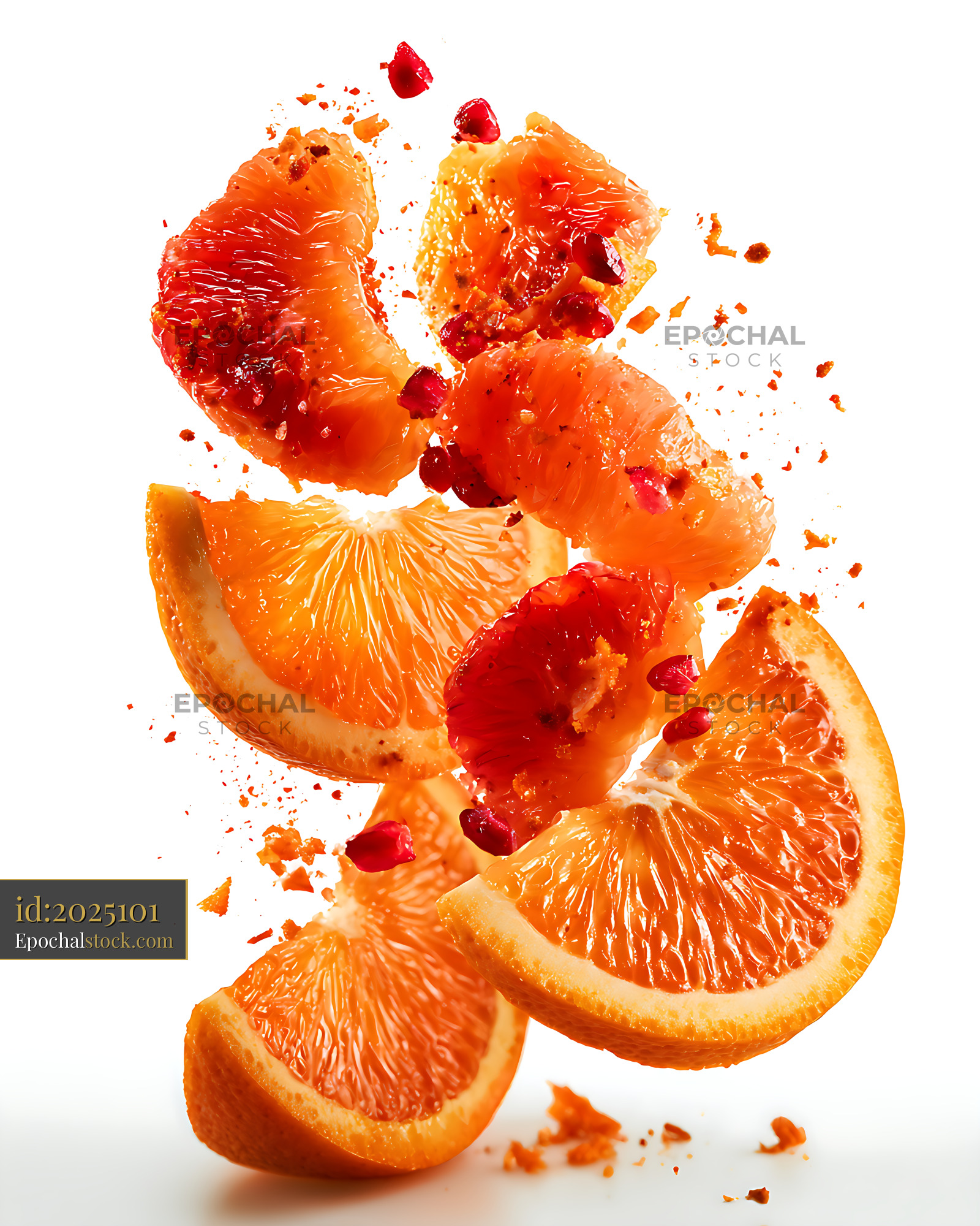 Watermarked full-resolution preview of Vibrant citrus slices and fruit fragments on white