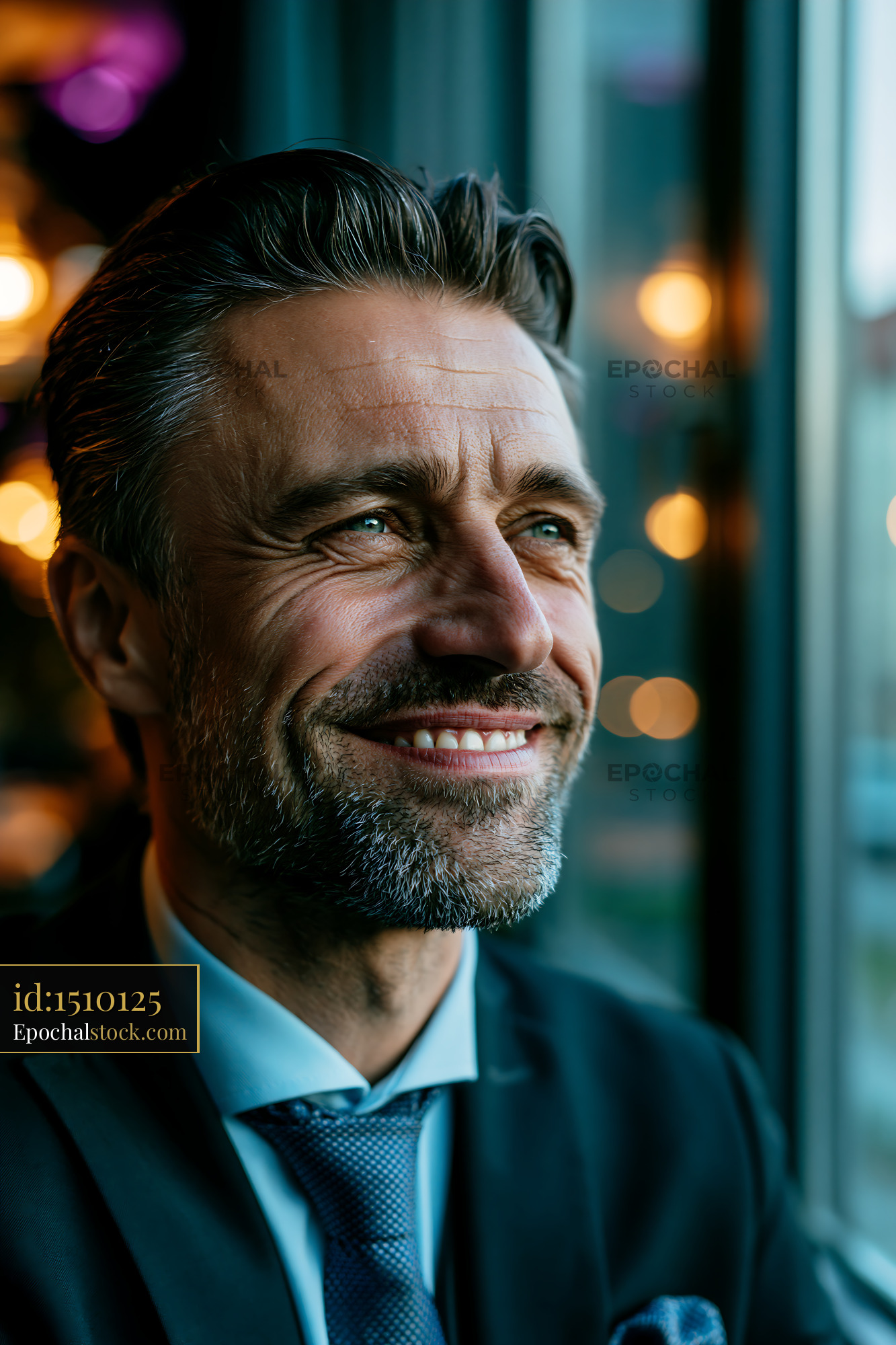 Smiling Man With Gray Hair Sitting by the Window in a Cafe - stock photo