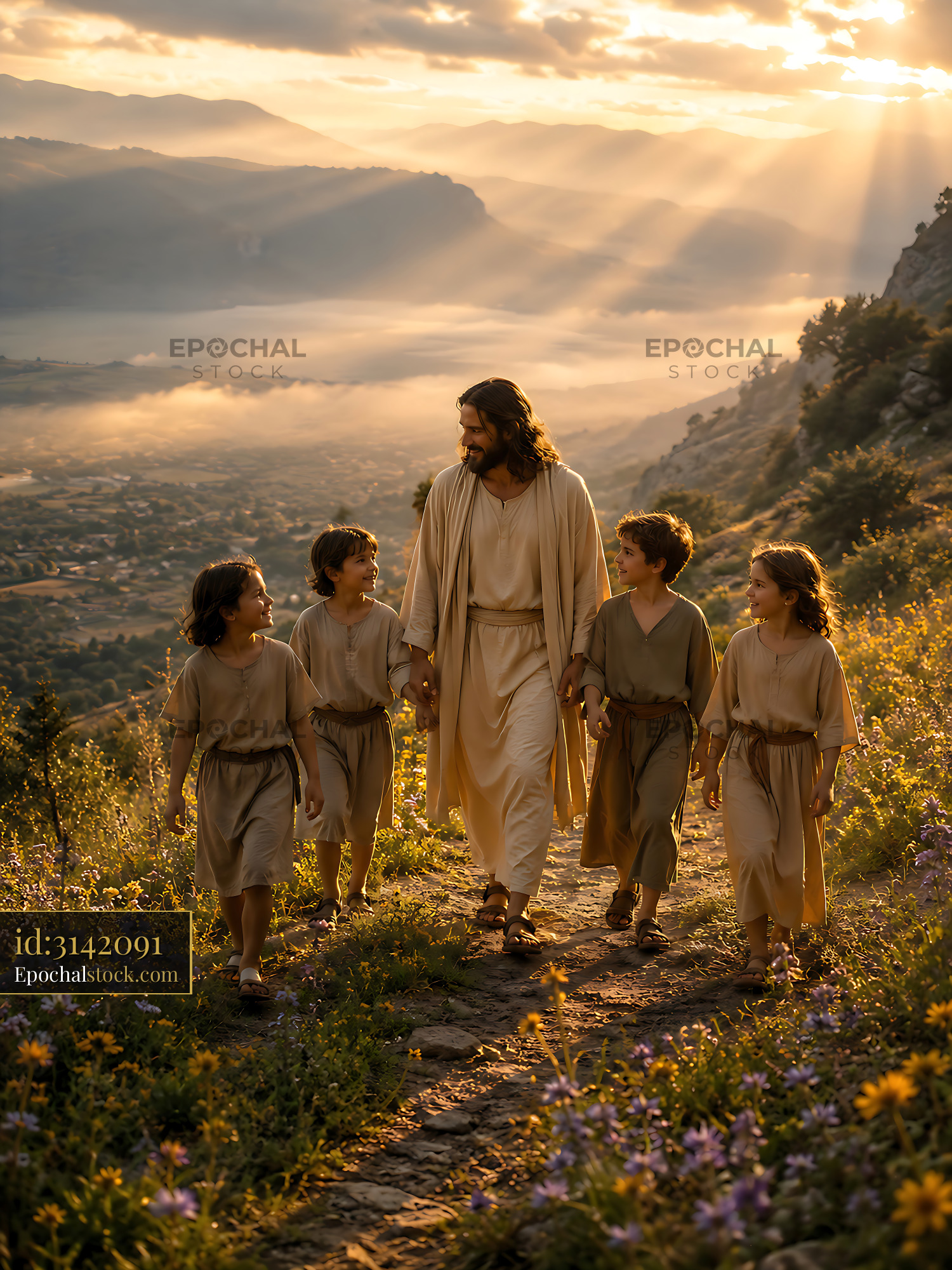 Watermarked full-resolution preview of Children walking with a man in a serene landscape at sunset