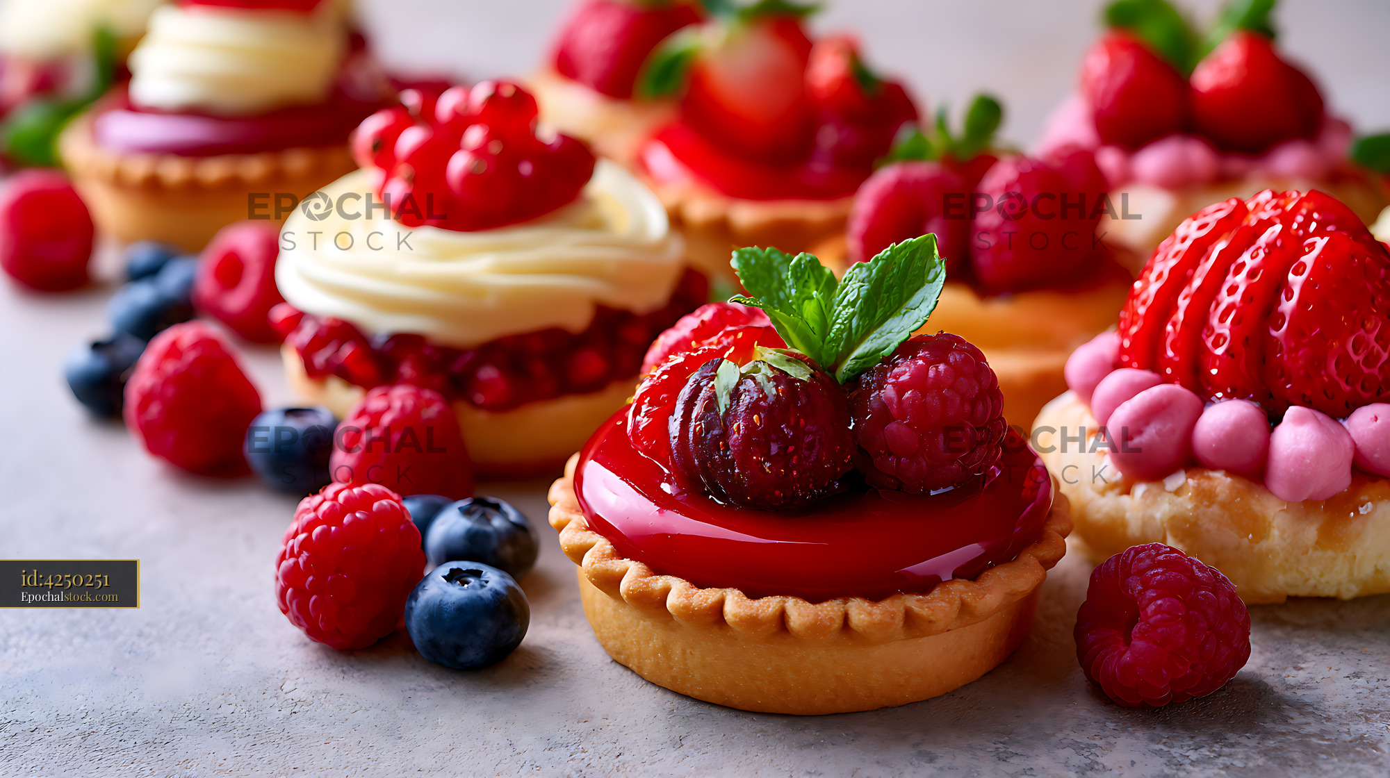 Watermarked full-resolution preview of Fresh fruit tarts arranged on a gray surface for dessert display