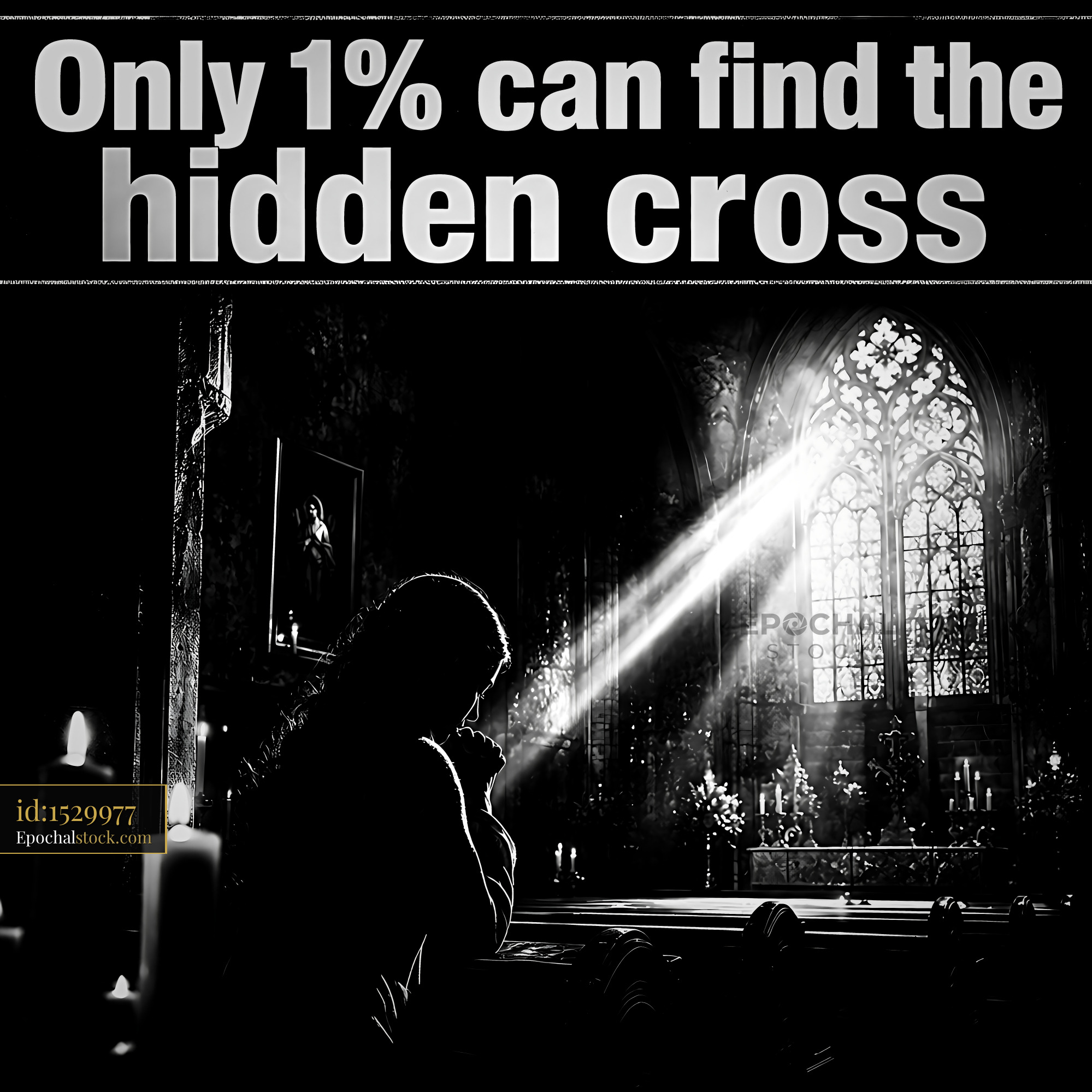 Watermarked full-resolution preview of Hidden cross in dimly lit church scene