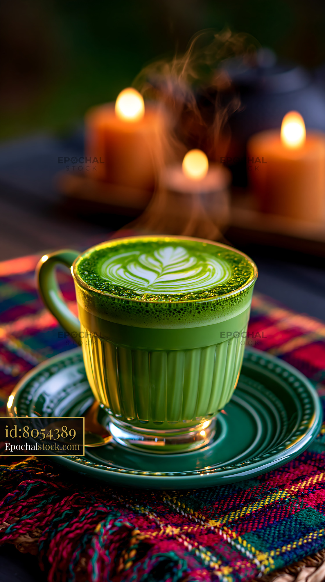 Watermarked full-resolution preview of Green tea matcha in a cup with candles on a table